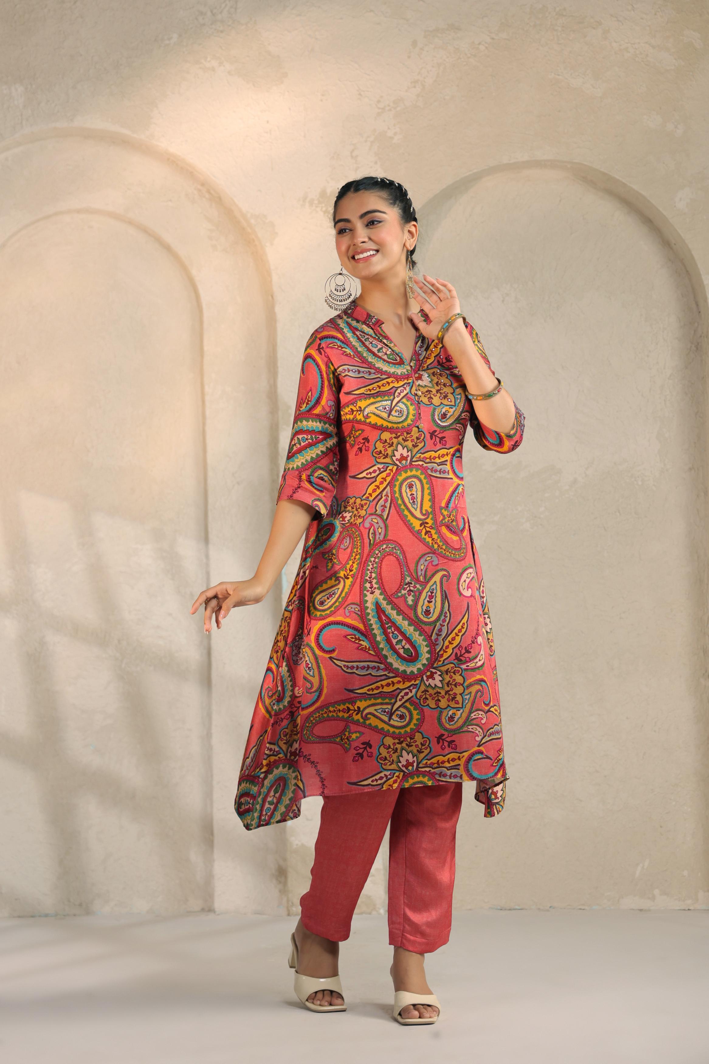 Coral Pink Printed Linen Satin Silk Kurta Set