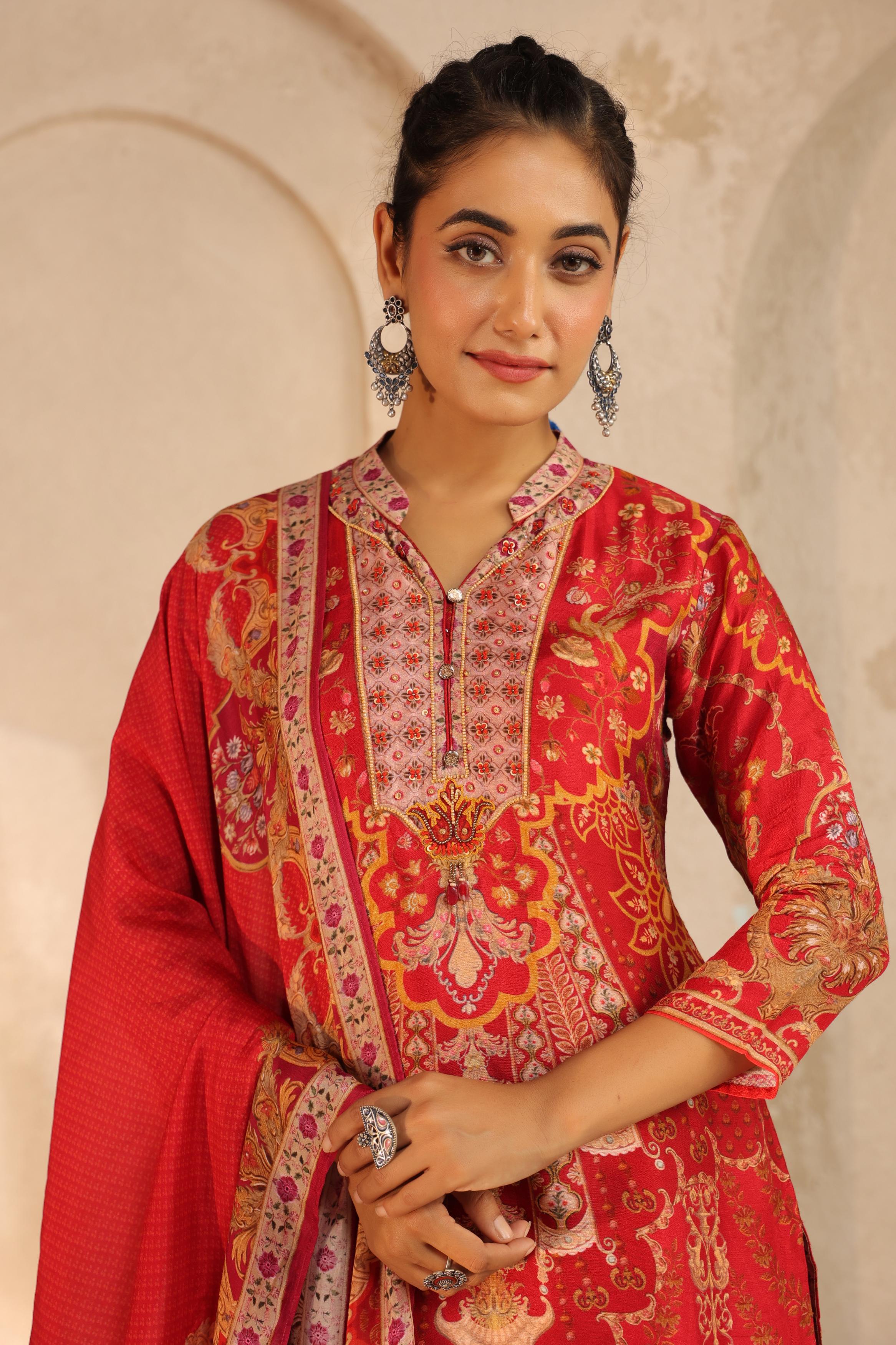 Crimson Red Printed Dola Silk Pant Set