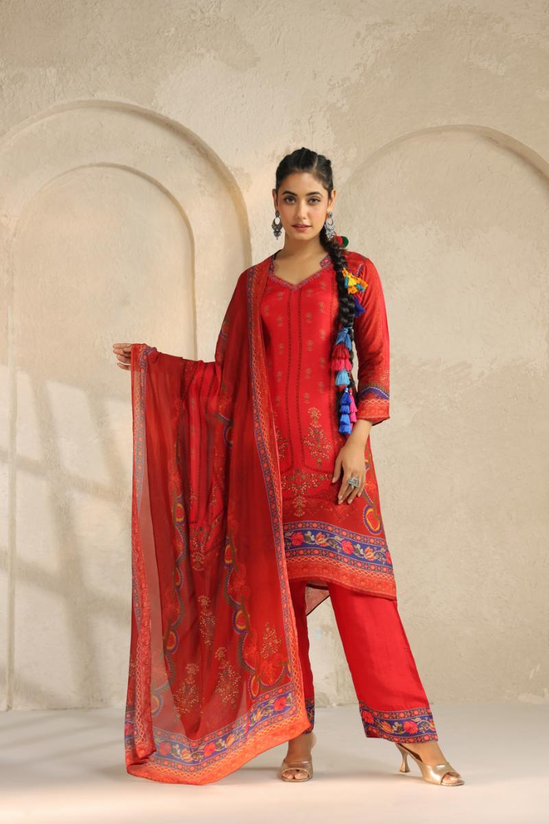 Deep Red Printed Dola Silk Pant Set