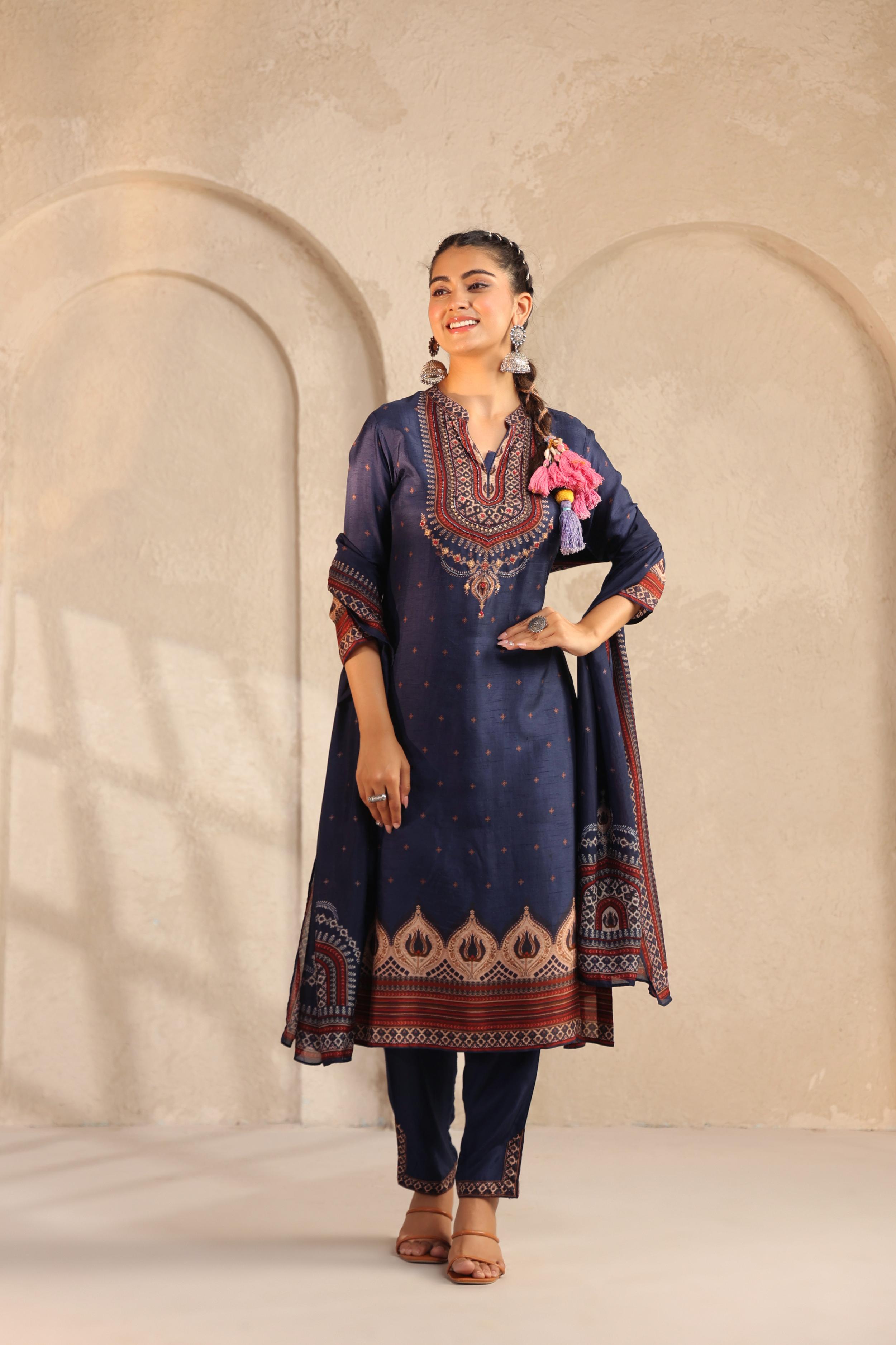 Deep Blue Printed Dola Silk Pant Set