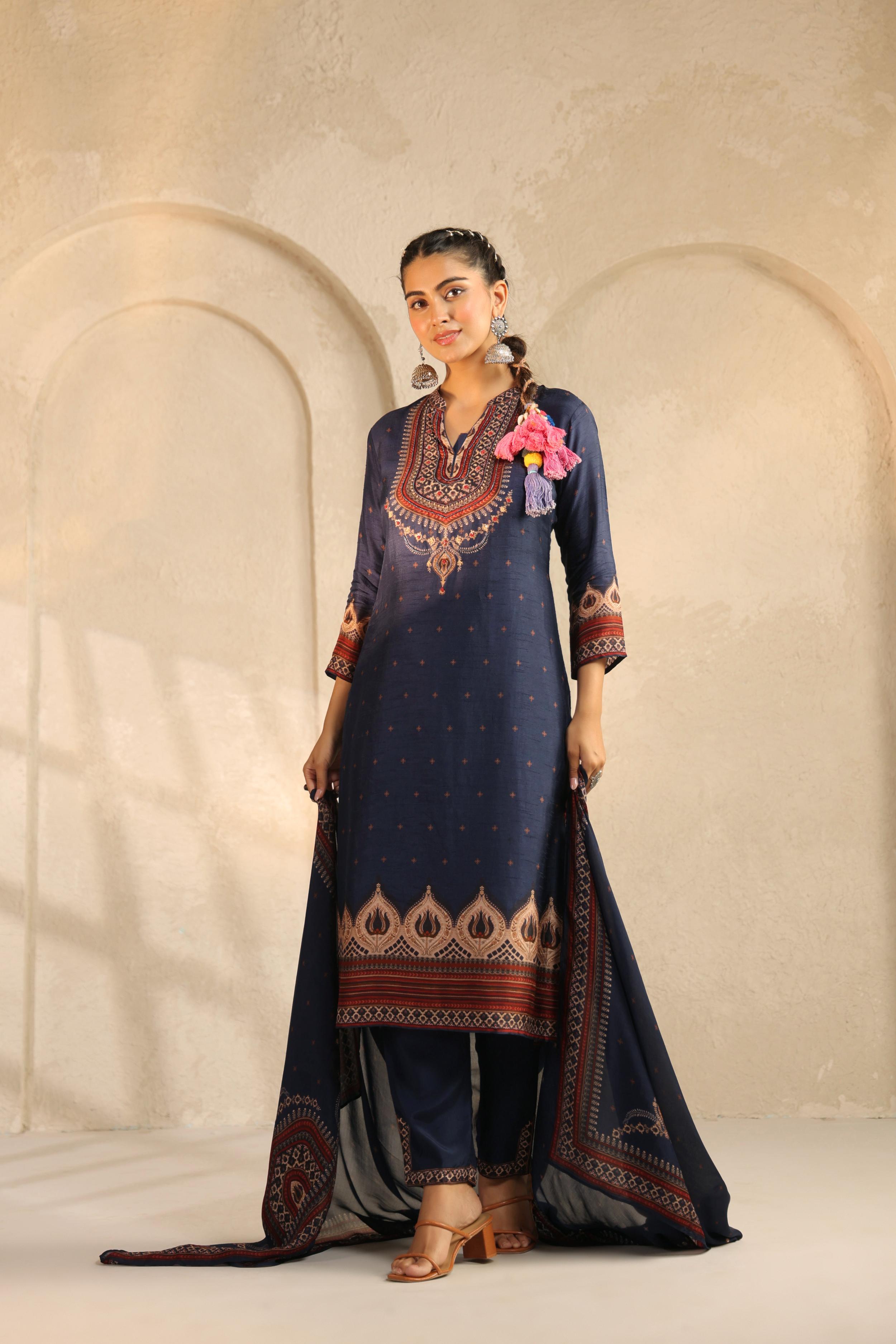 Deep Blue Printed Dola Silk Pant Set