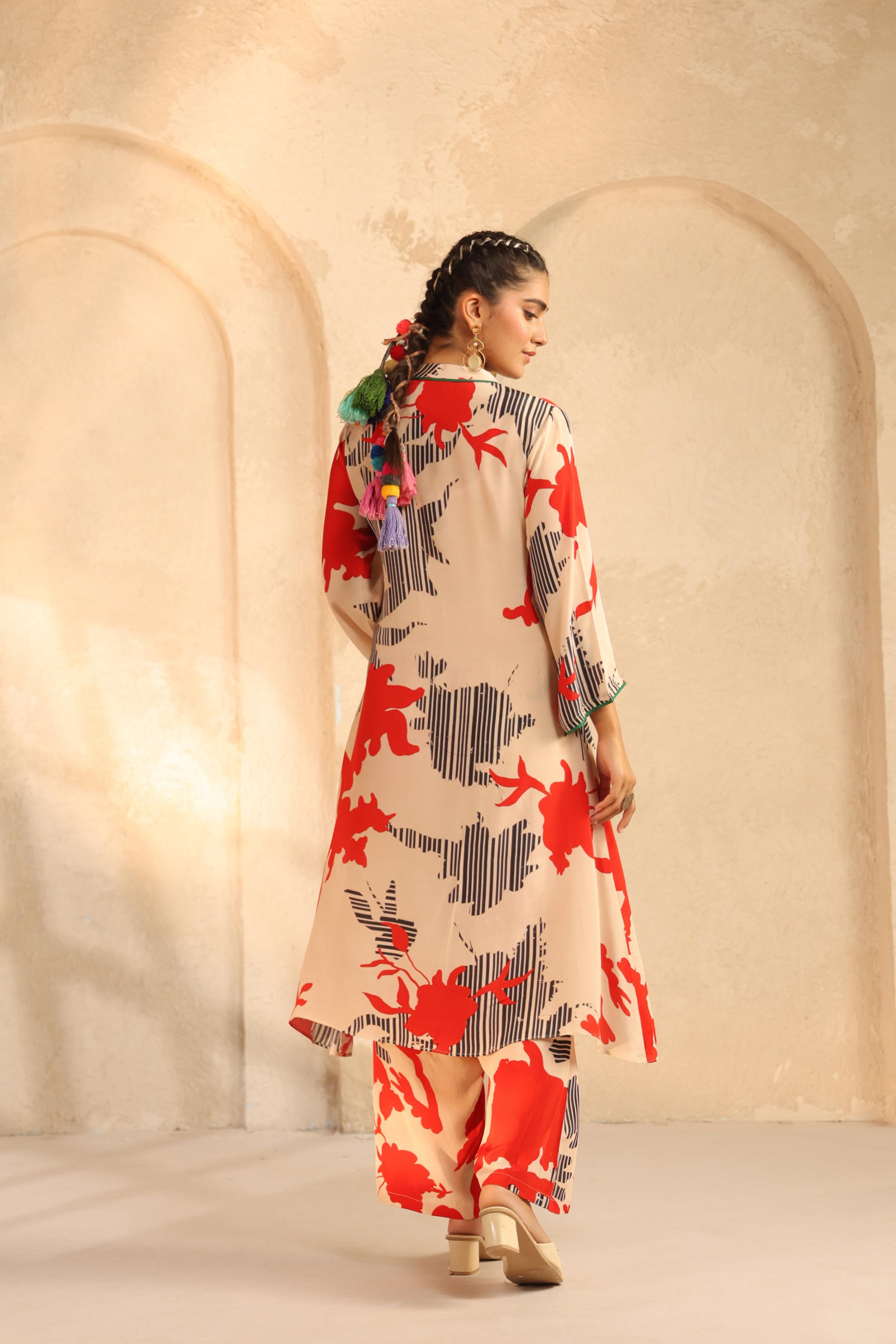 Beige Printed Viscose Crepe Silk Kurta Set