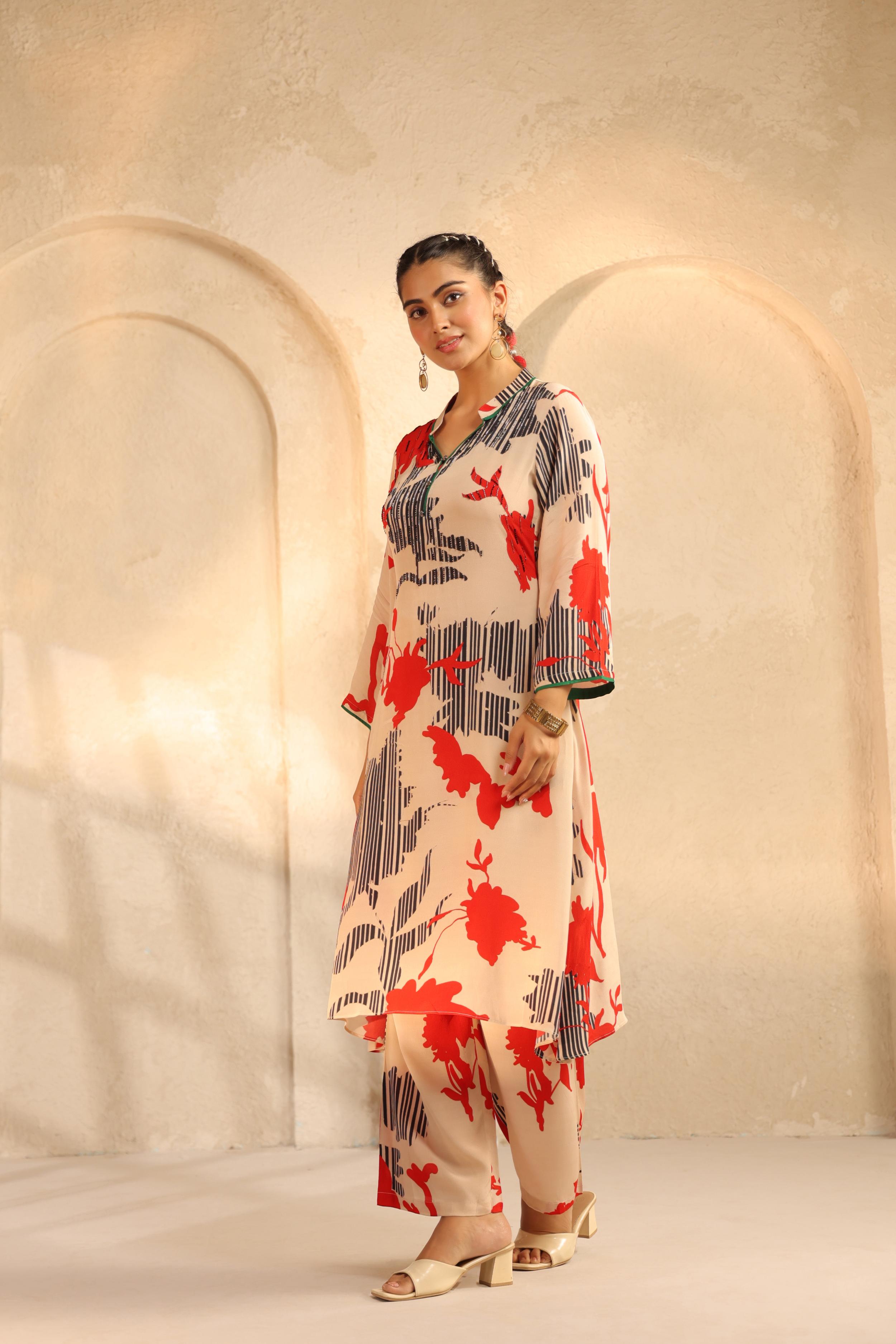 Beige Printed Viscose Crepe Silk Kurta Set