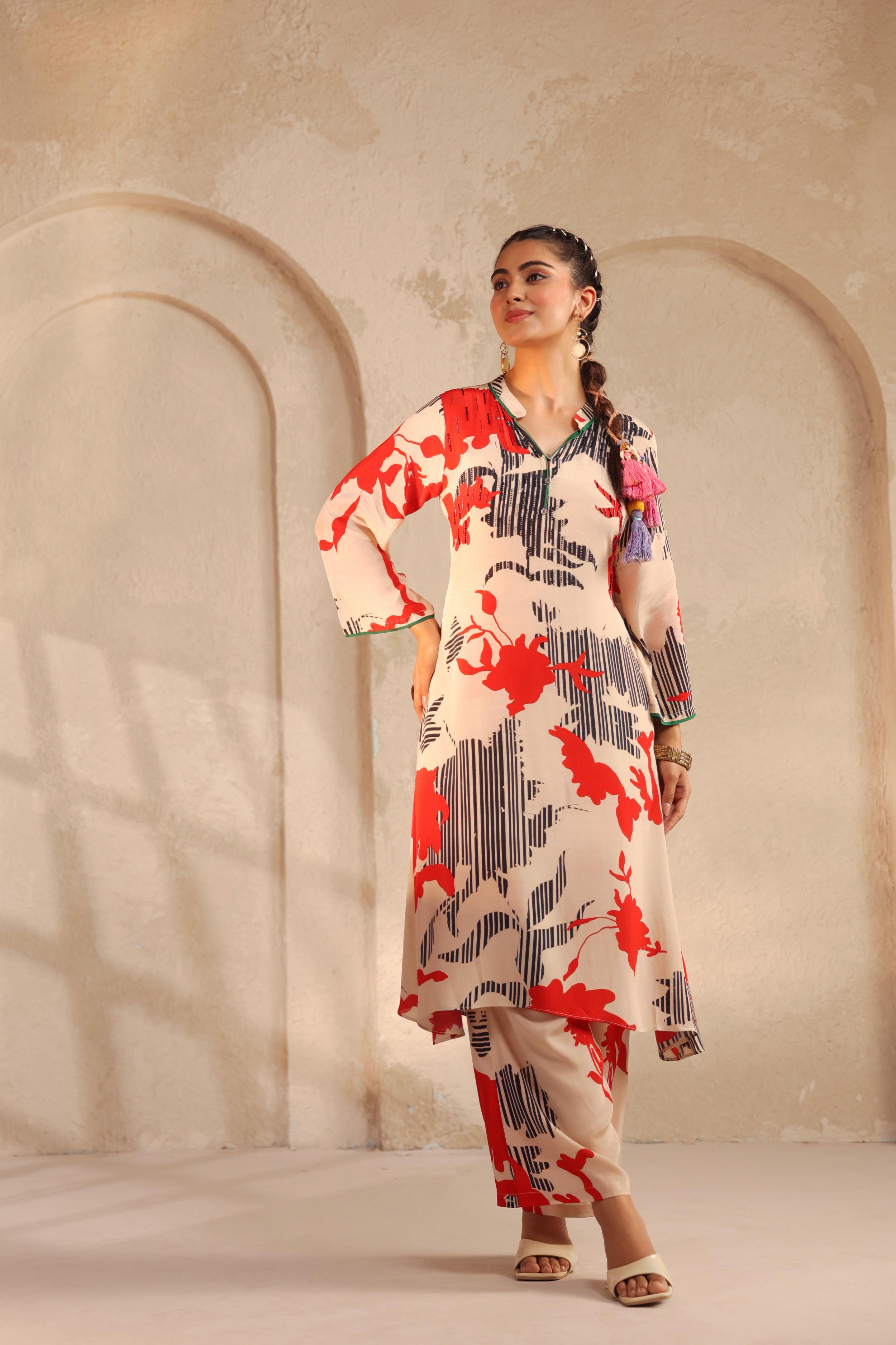 Beige Printed Viscose Crepe Silk Kurta Set