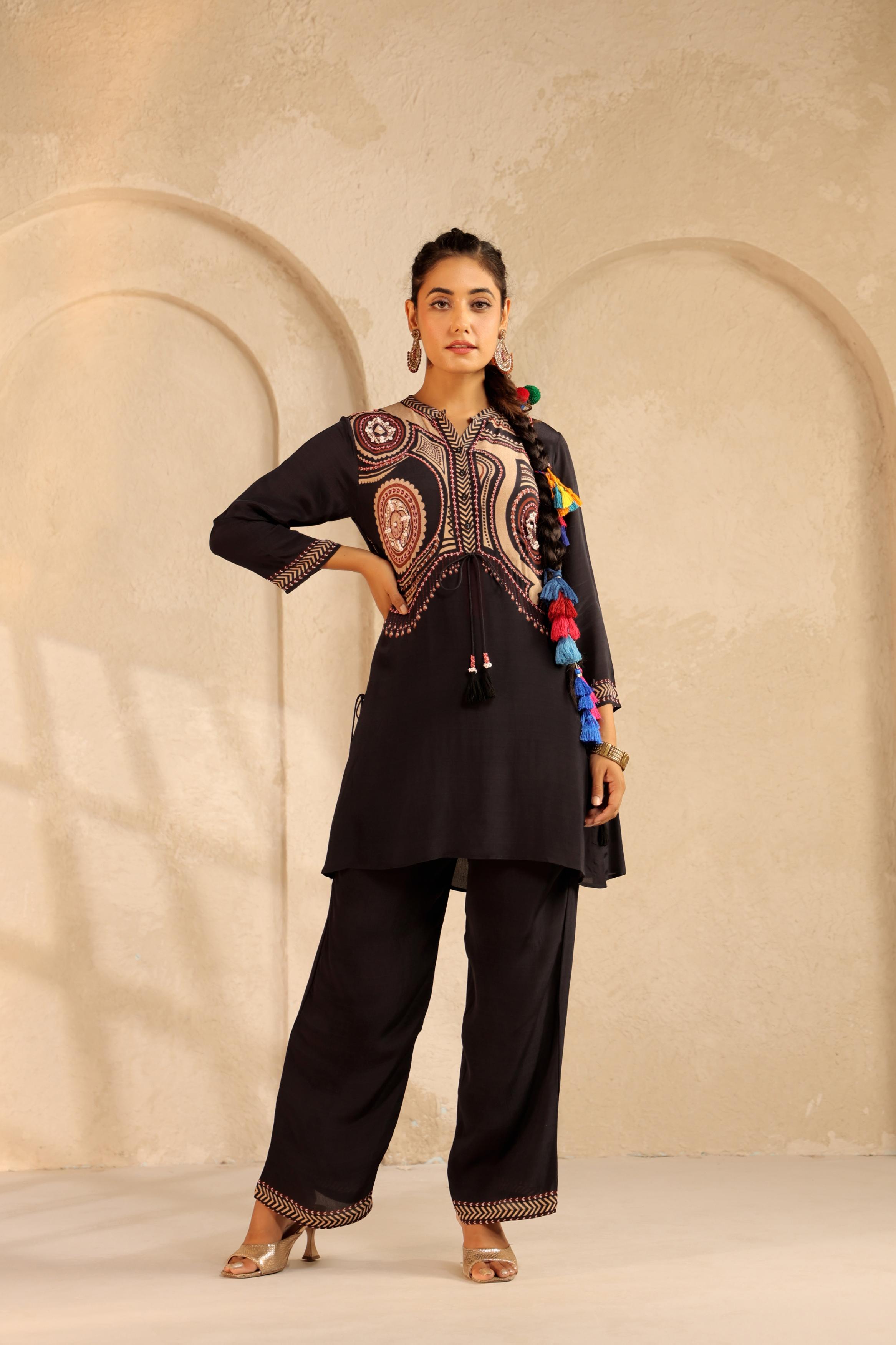 Black Printed Crepe Kurta Set