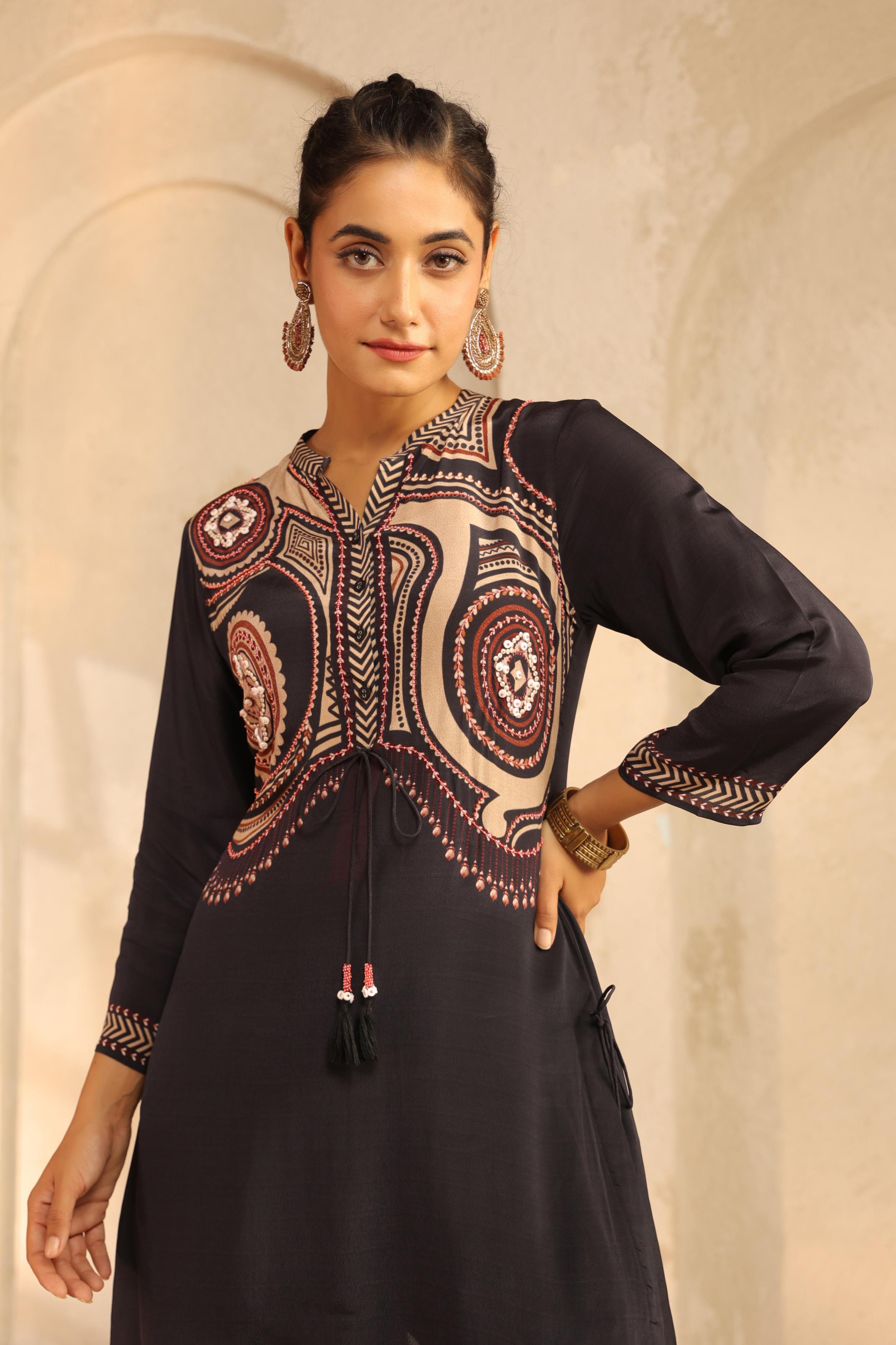 Black Printed Crepe Kurta Set