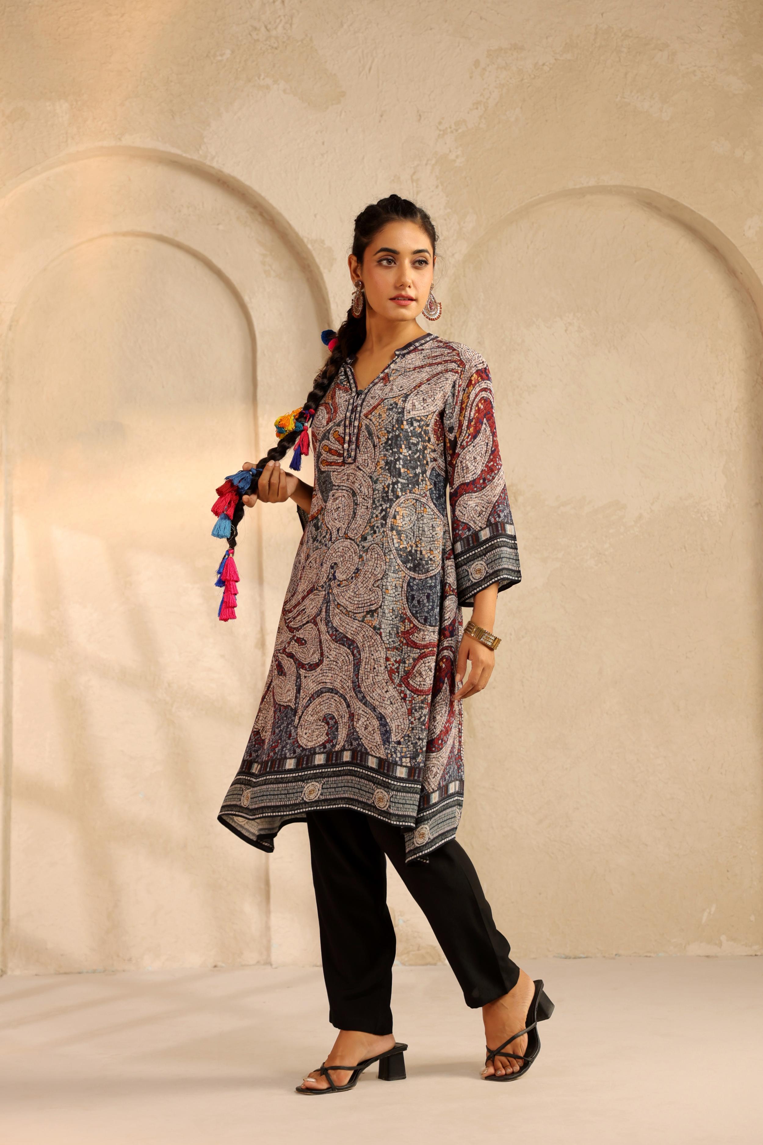 Navy Blue Printed Viscose Crepe Kurta Set