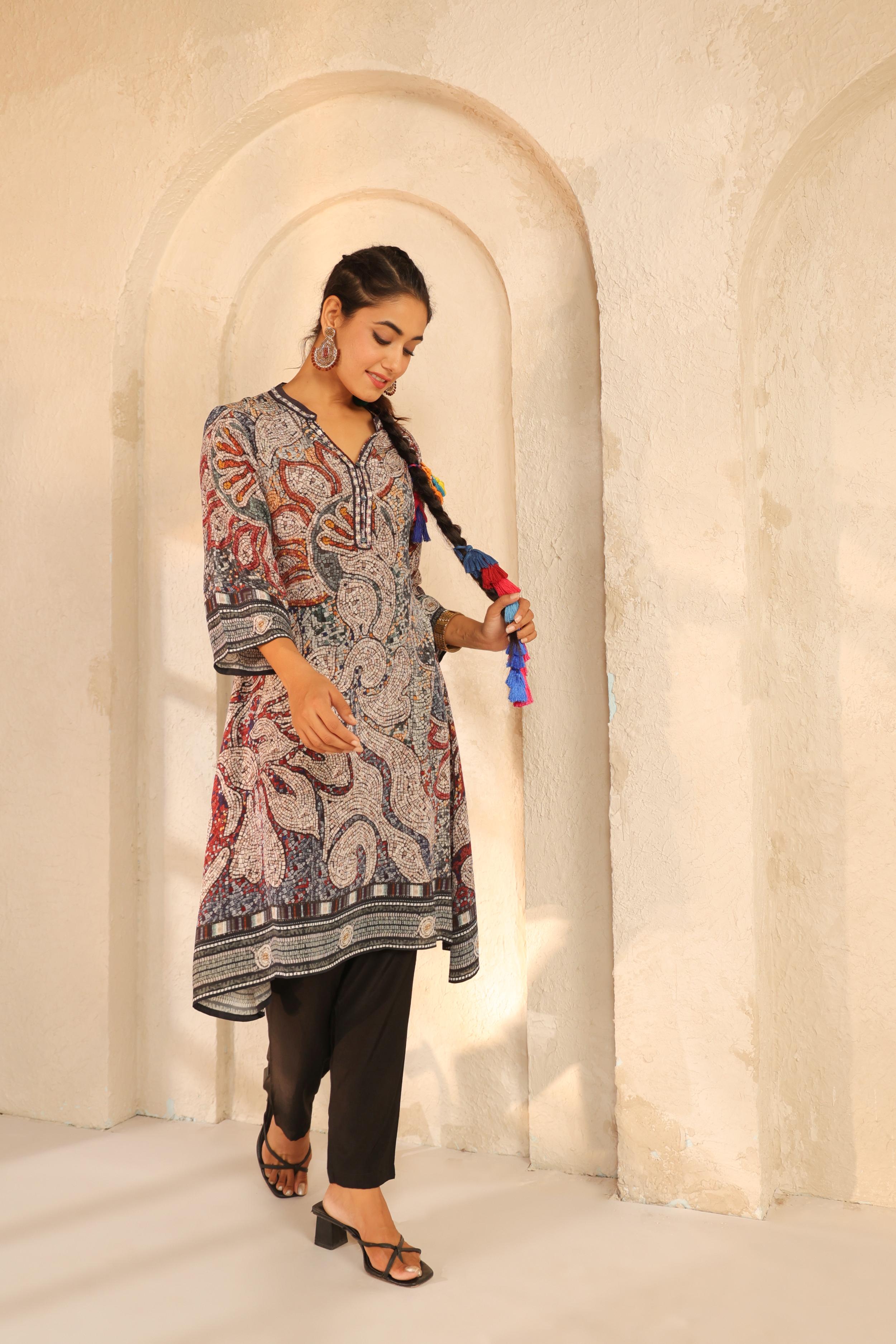 Navy Blue Printed Viscose Crepe Kurta Set