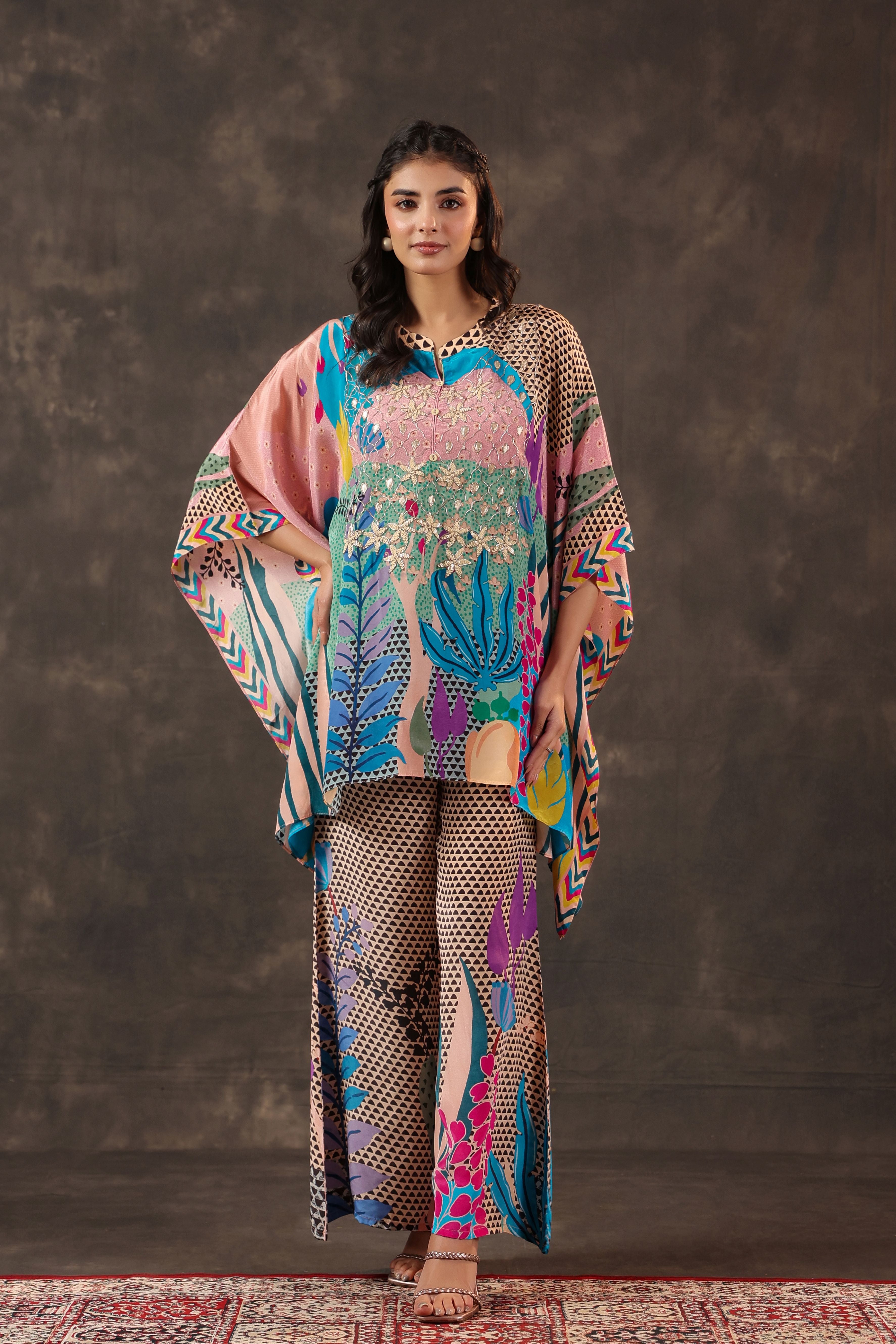 Aqua Botanical Printed Crepe Silk Co-Ord Set