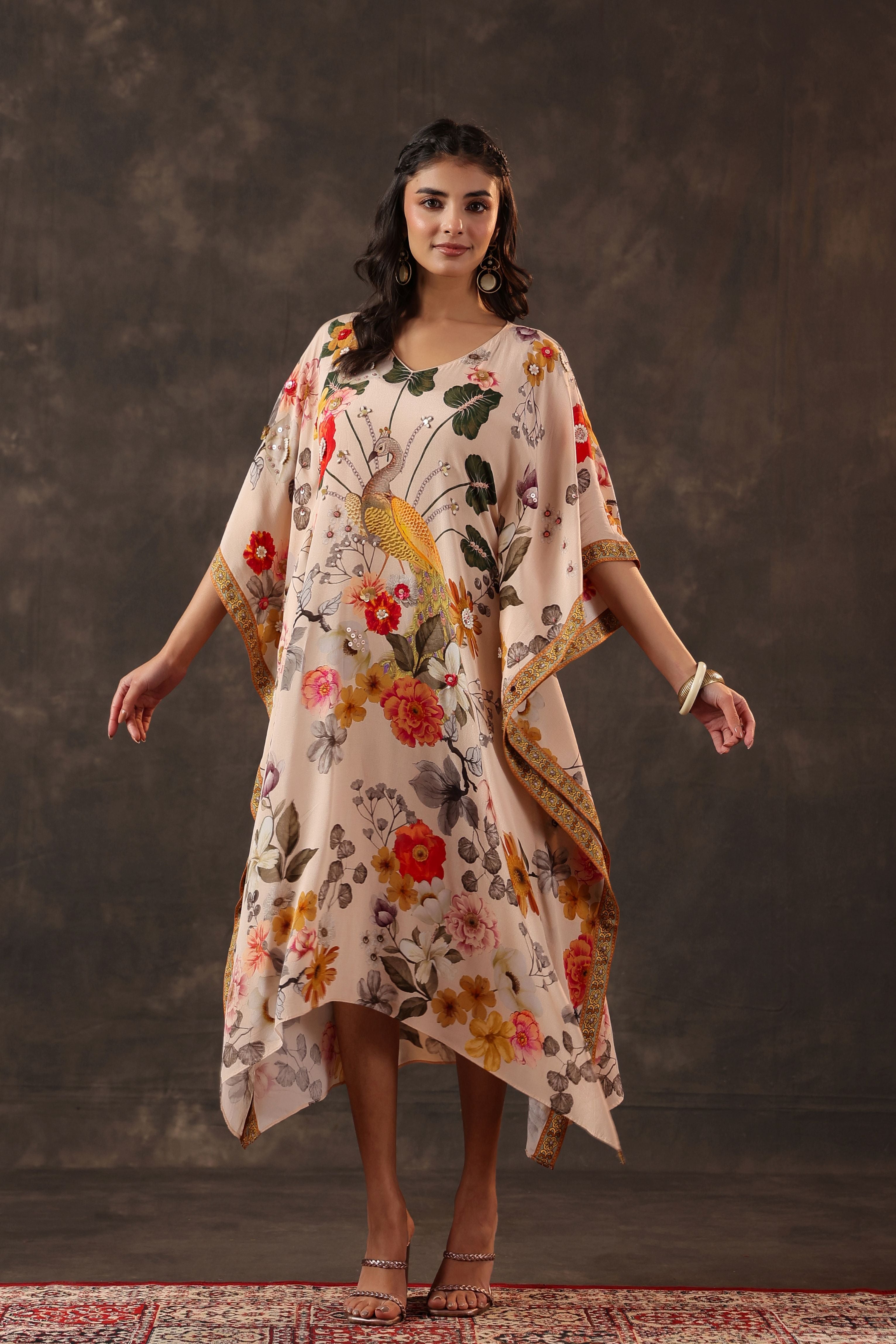 Soft Ivory Embellished Crepe Silk Kaftan Dress