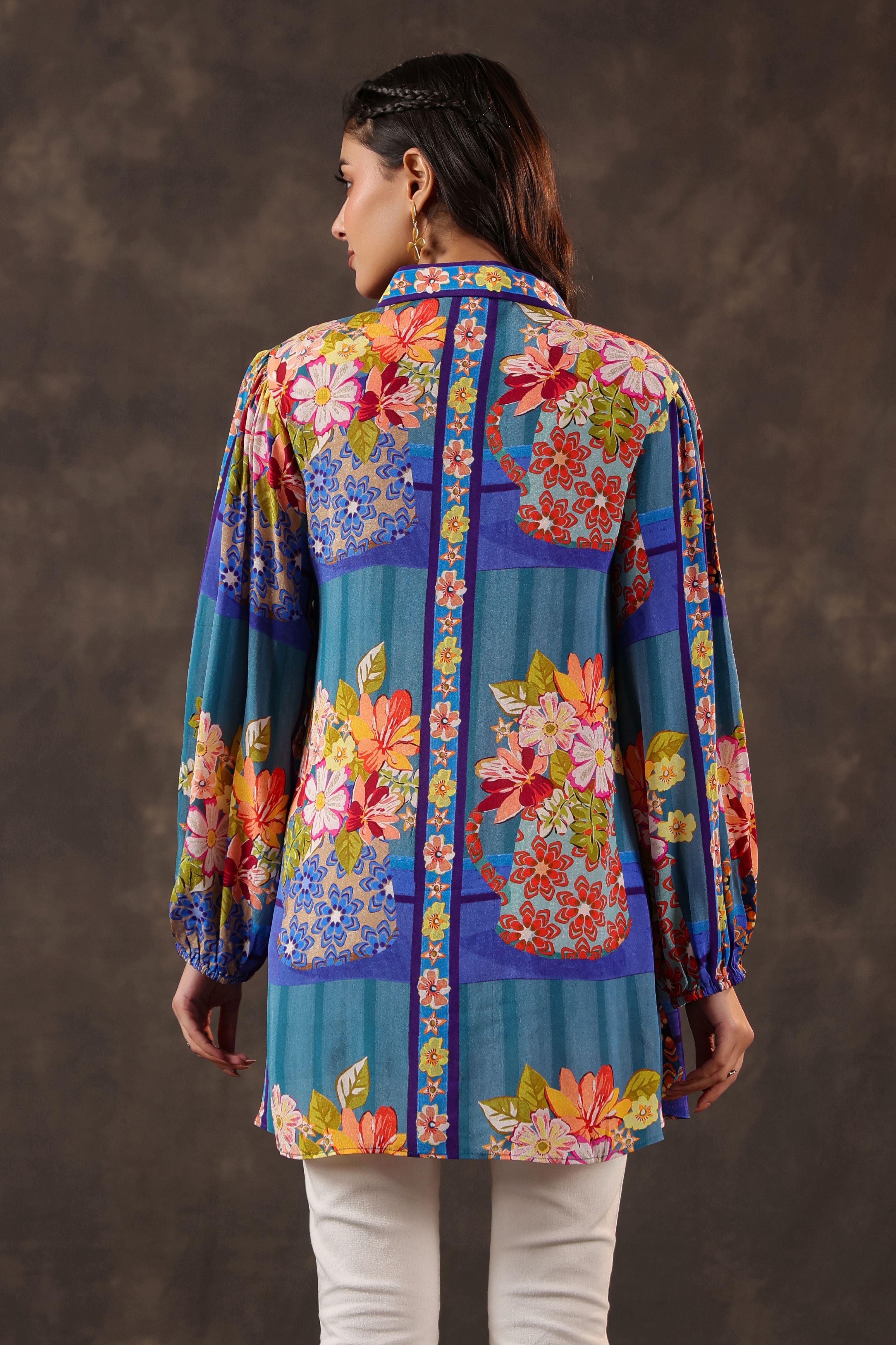 Cerulean Garden Printed Crepe Silk Top