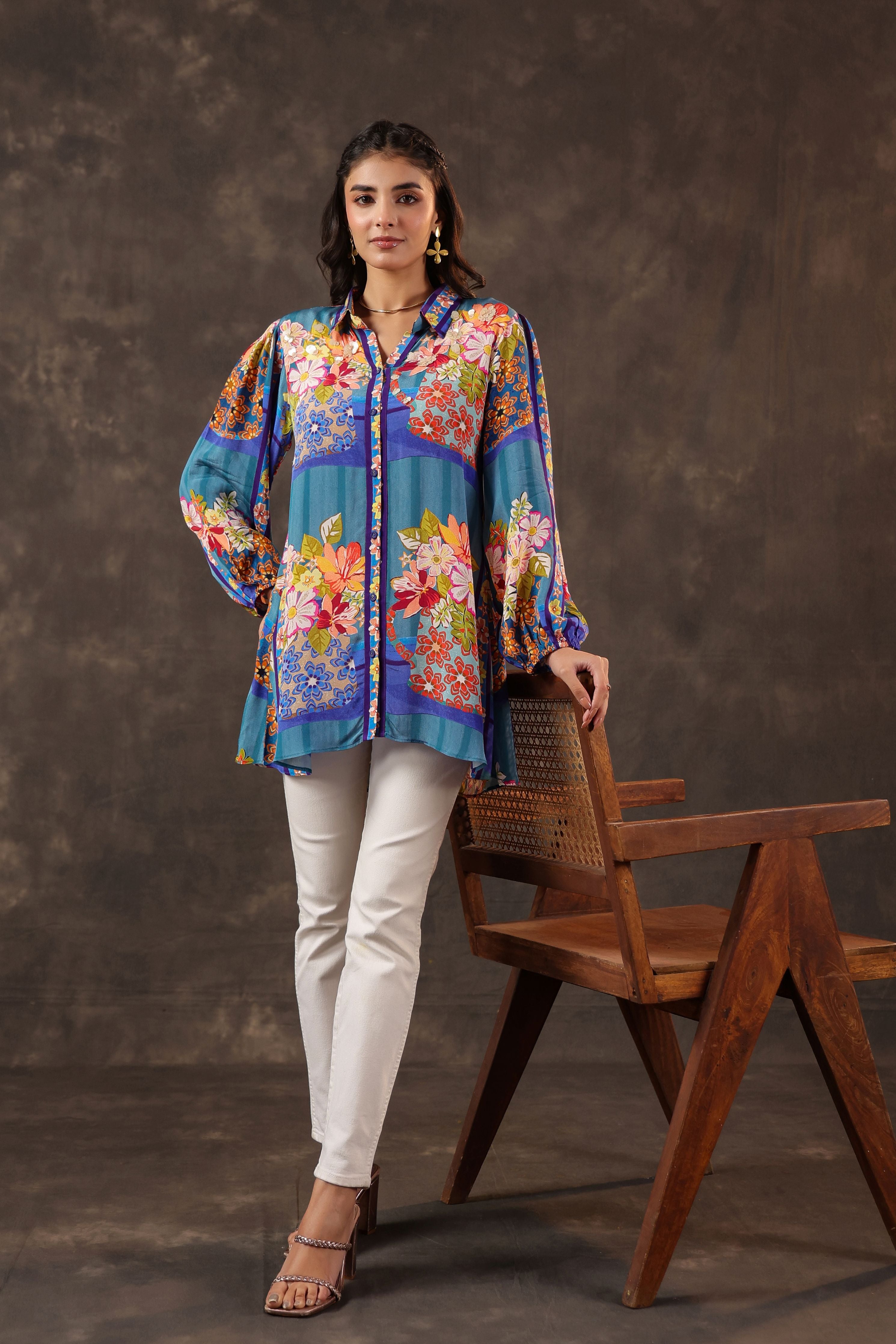 Cerulean Garden Printed Crepe Silk Top