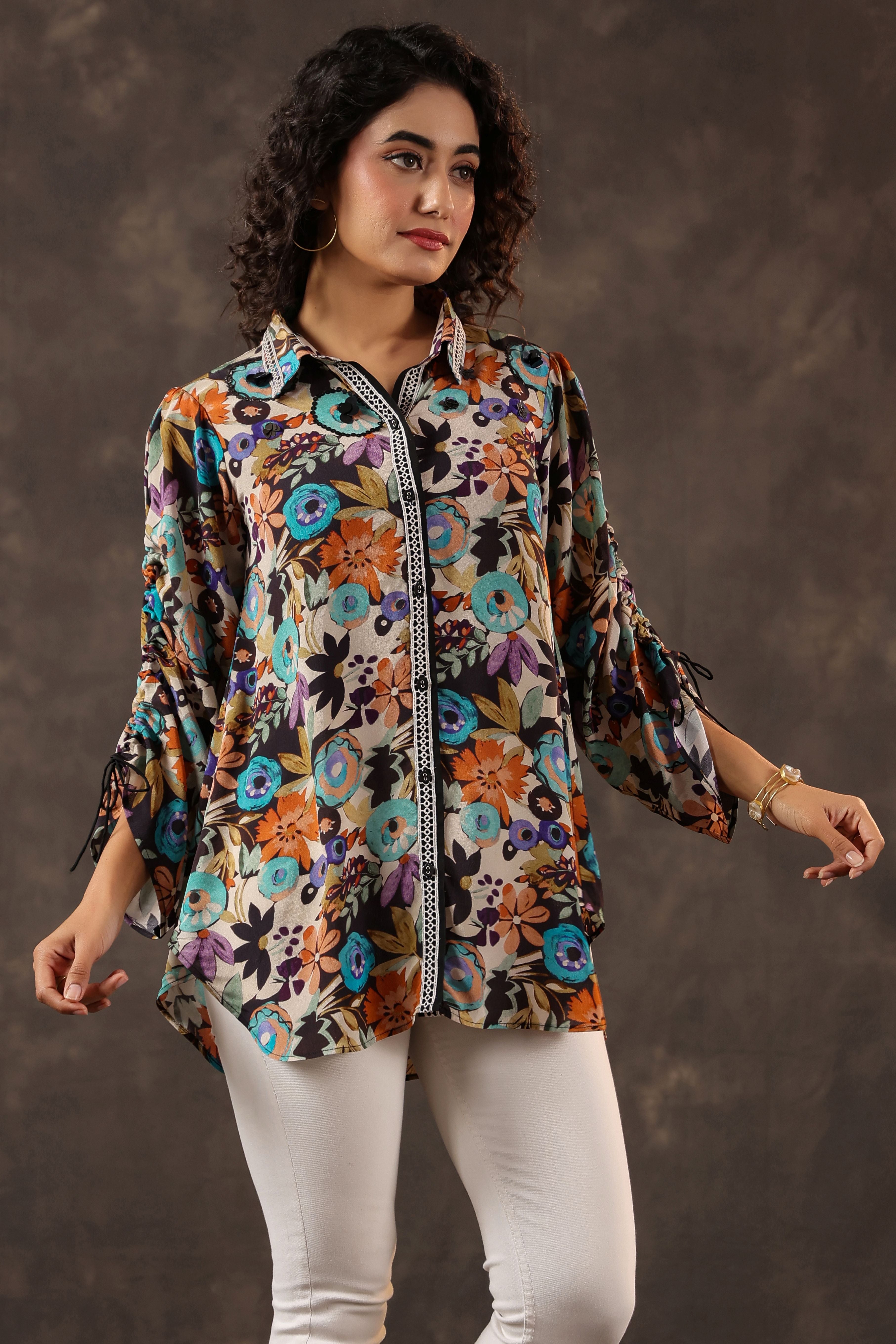 Midnight Bloom Printed Crepe Silk Ruched Top