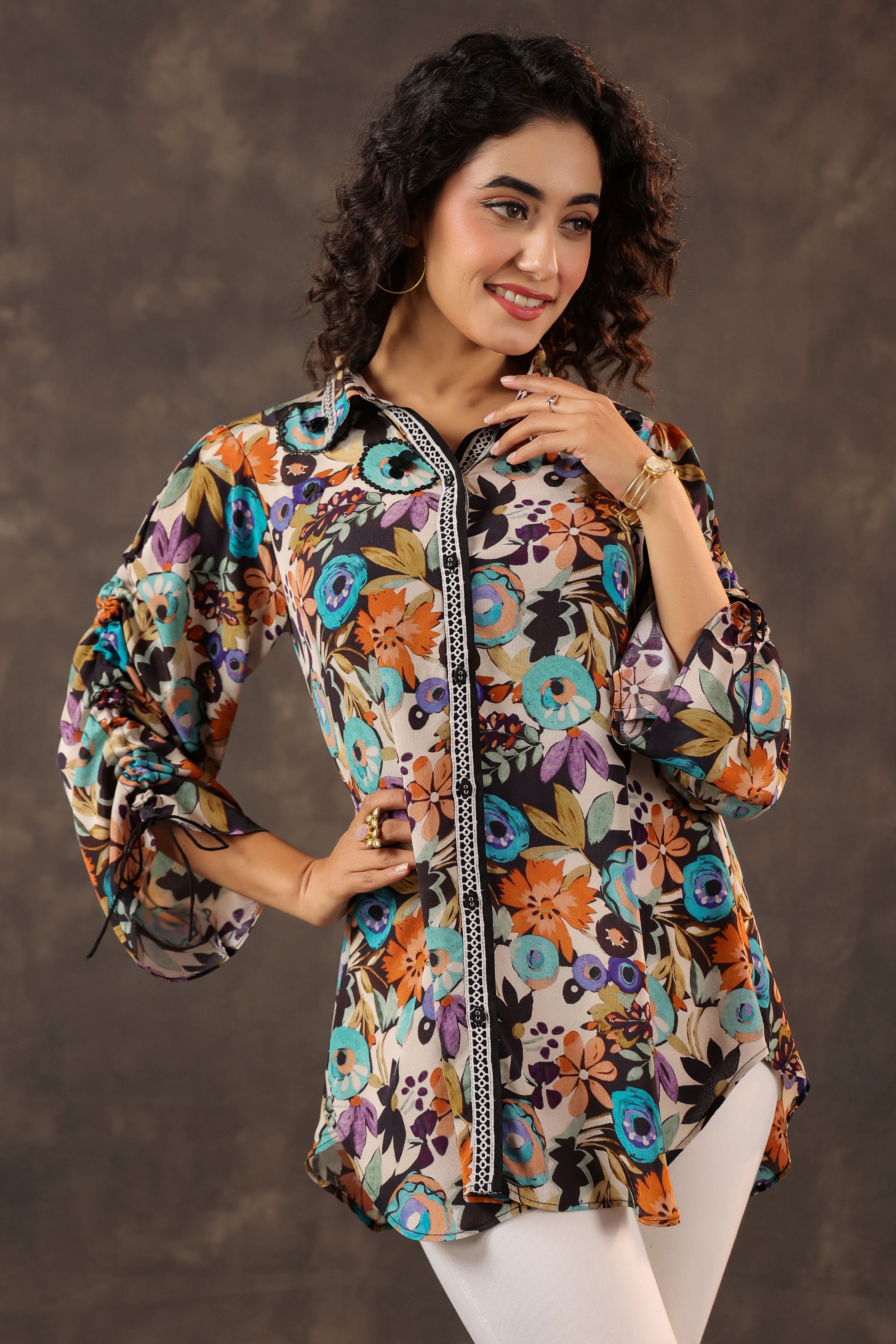 Midnight Bloom Printed Crepe Silk Ruched Top