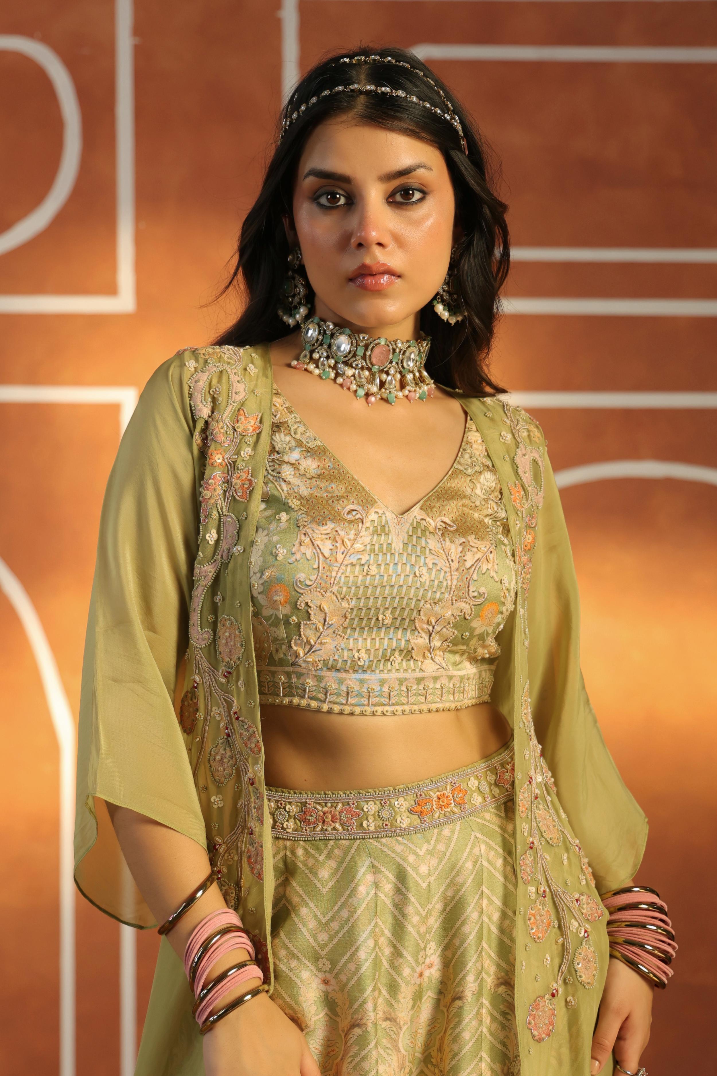 Moss Green Embellished Raw Silk Sharara Set