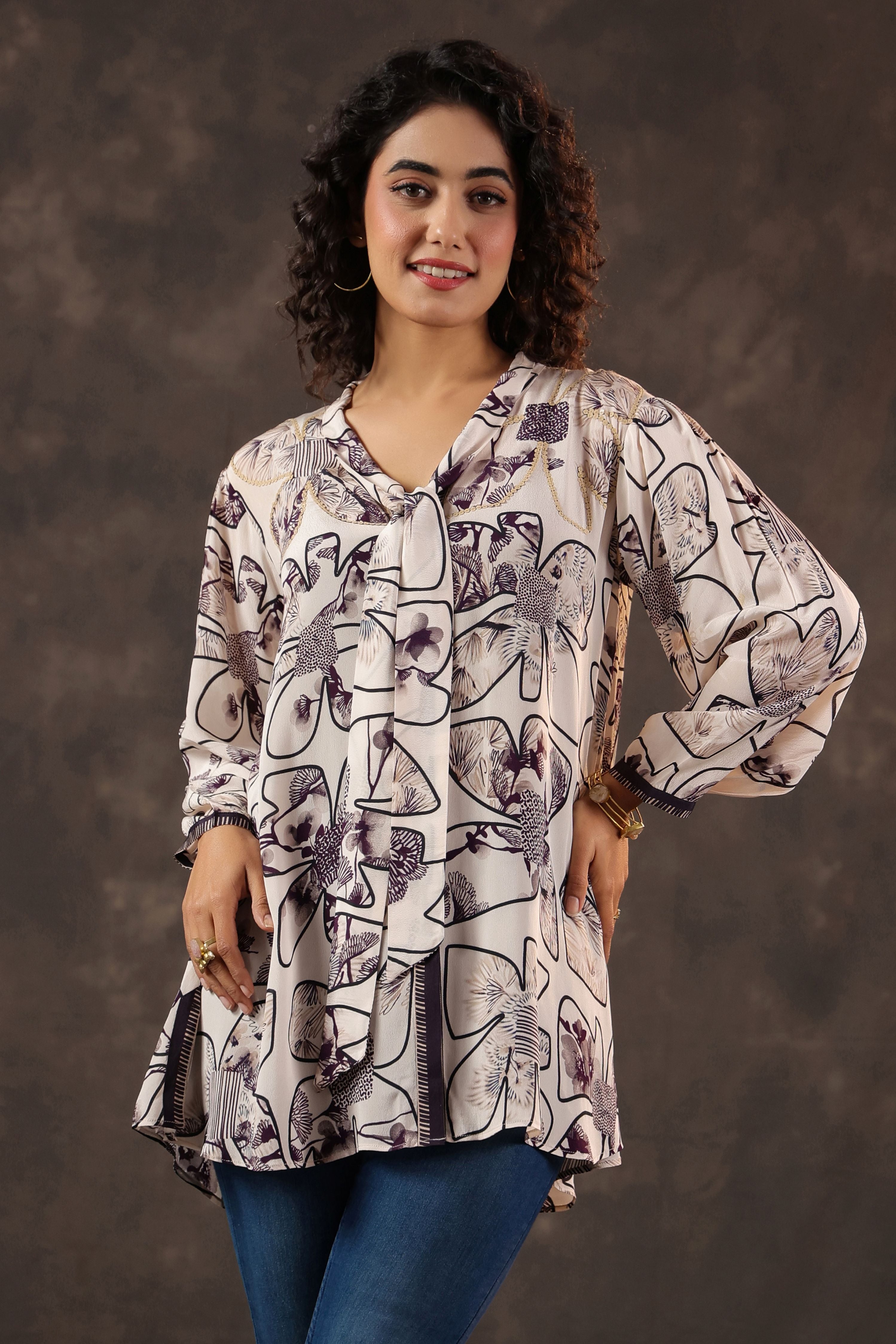 Ivory Plum Printed Crepe Silk Tie-Up Top