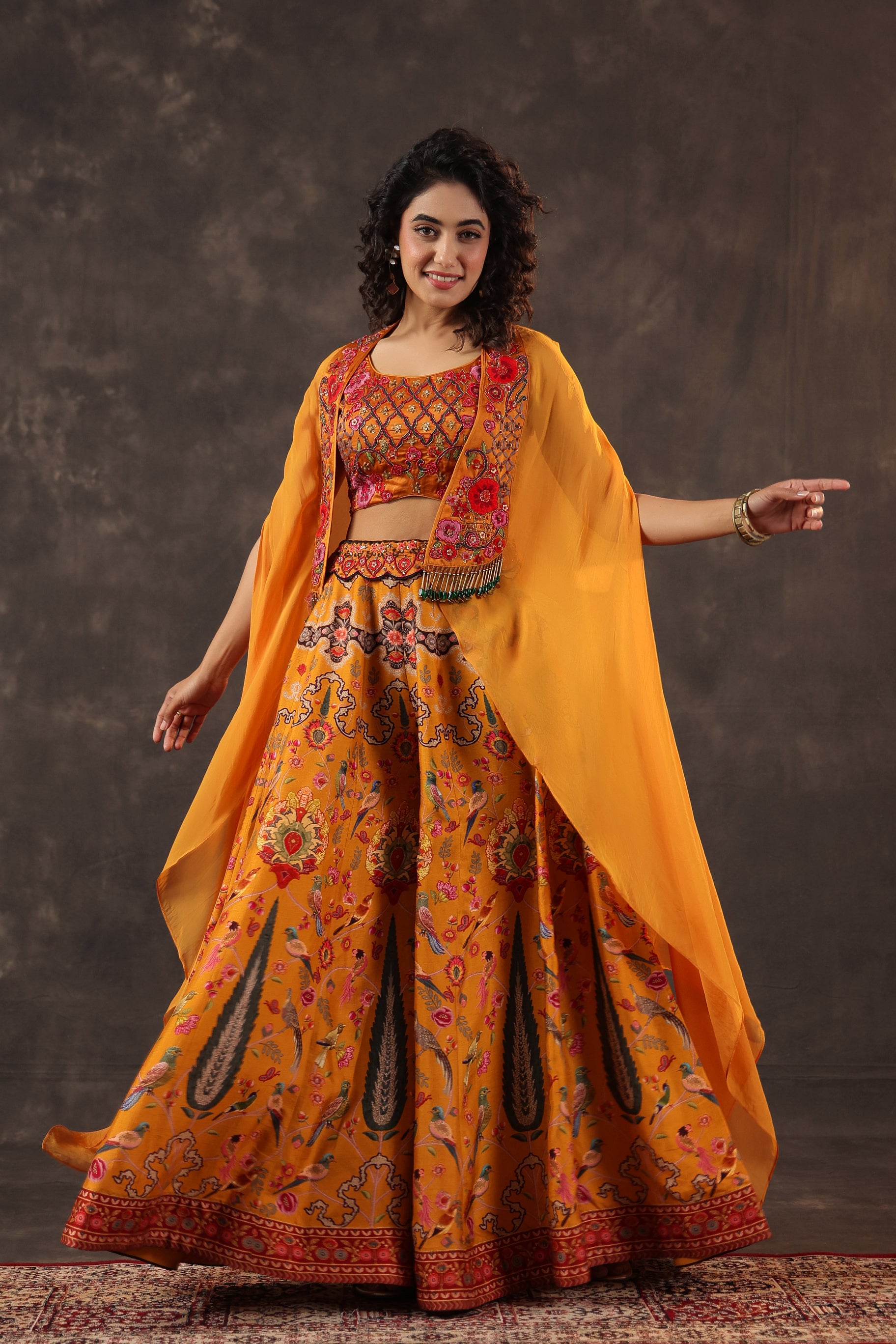 Marigold Paradise Embellished Premium Silk Cape Set