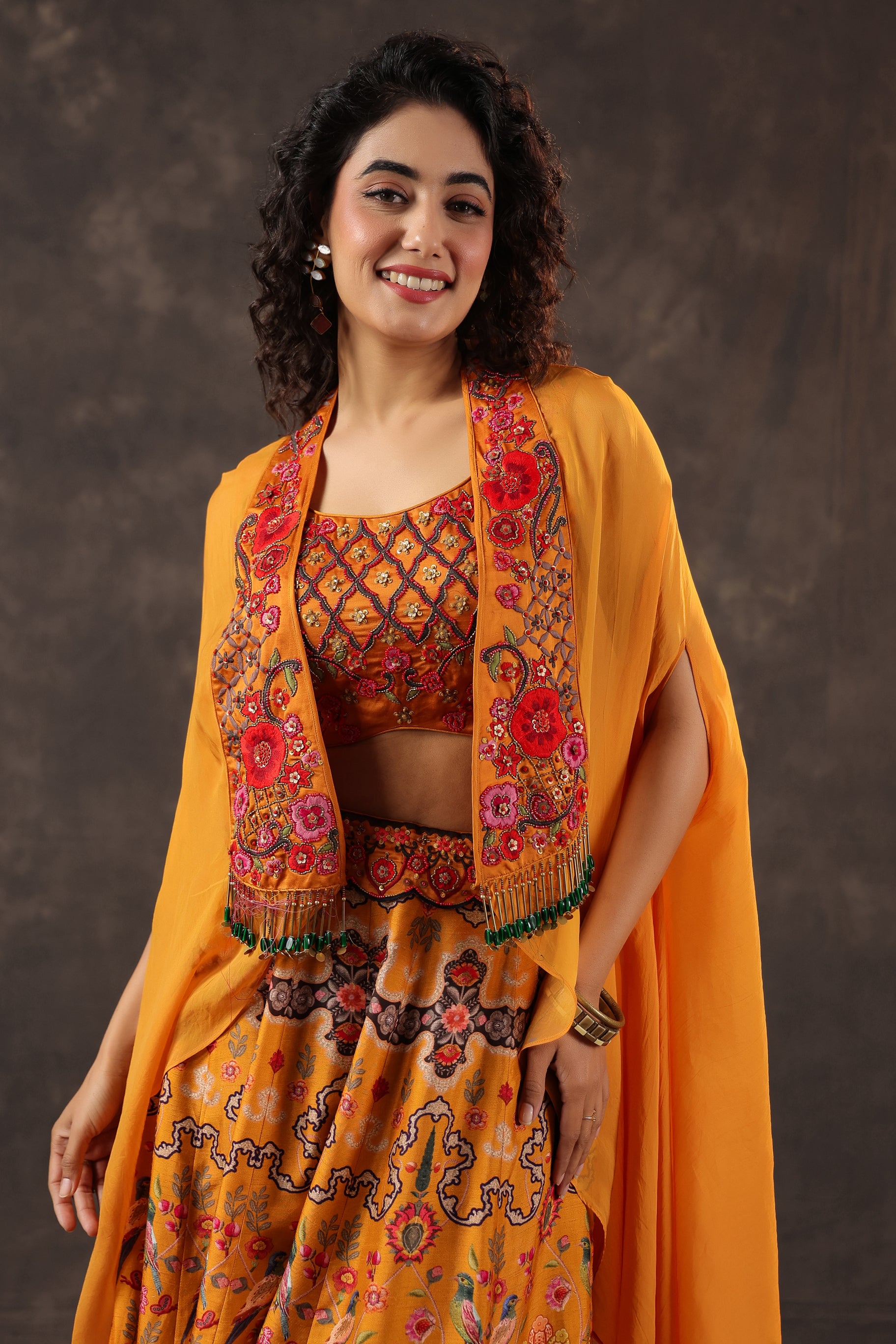 Marigold Paradise Embellished Premium Silk Cape Set