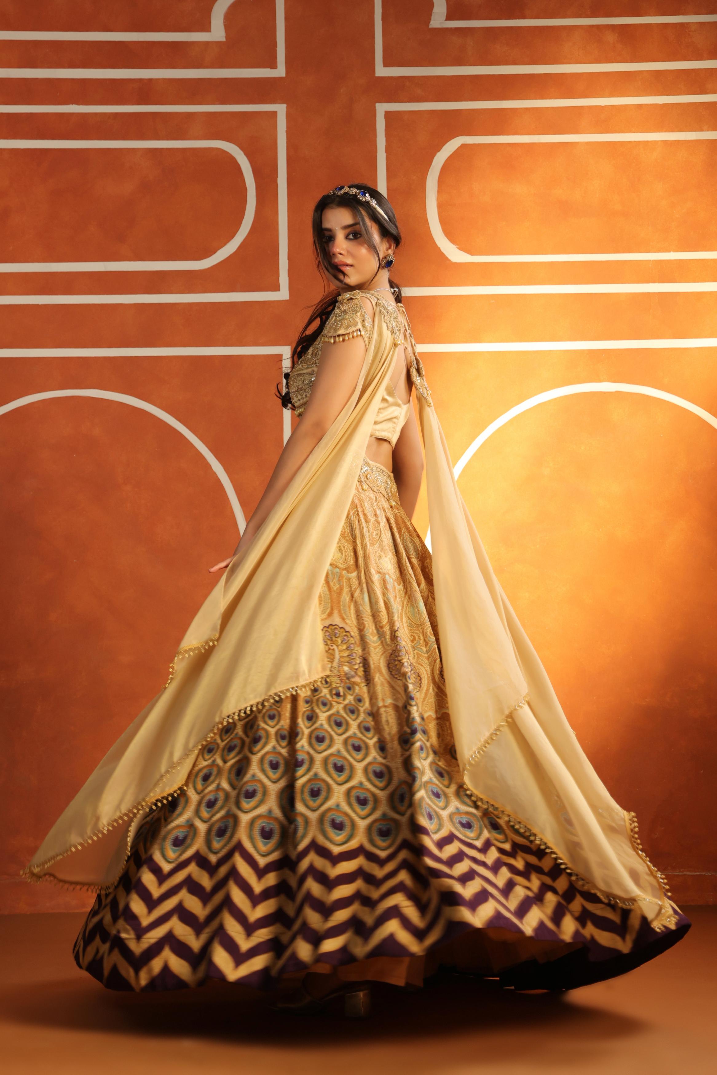 Champagne gold Embroidered Linen Satin Silk Lehenga