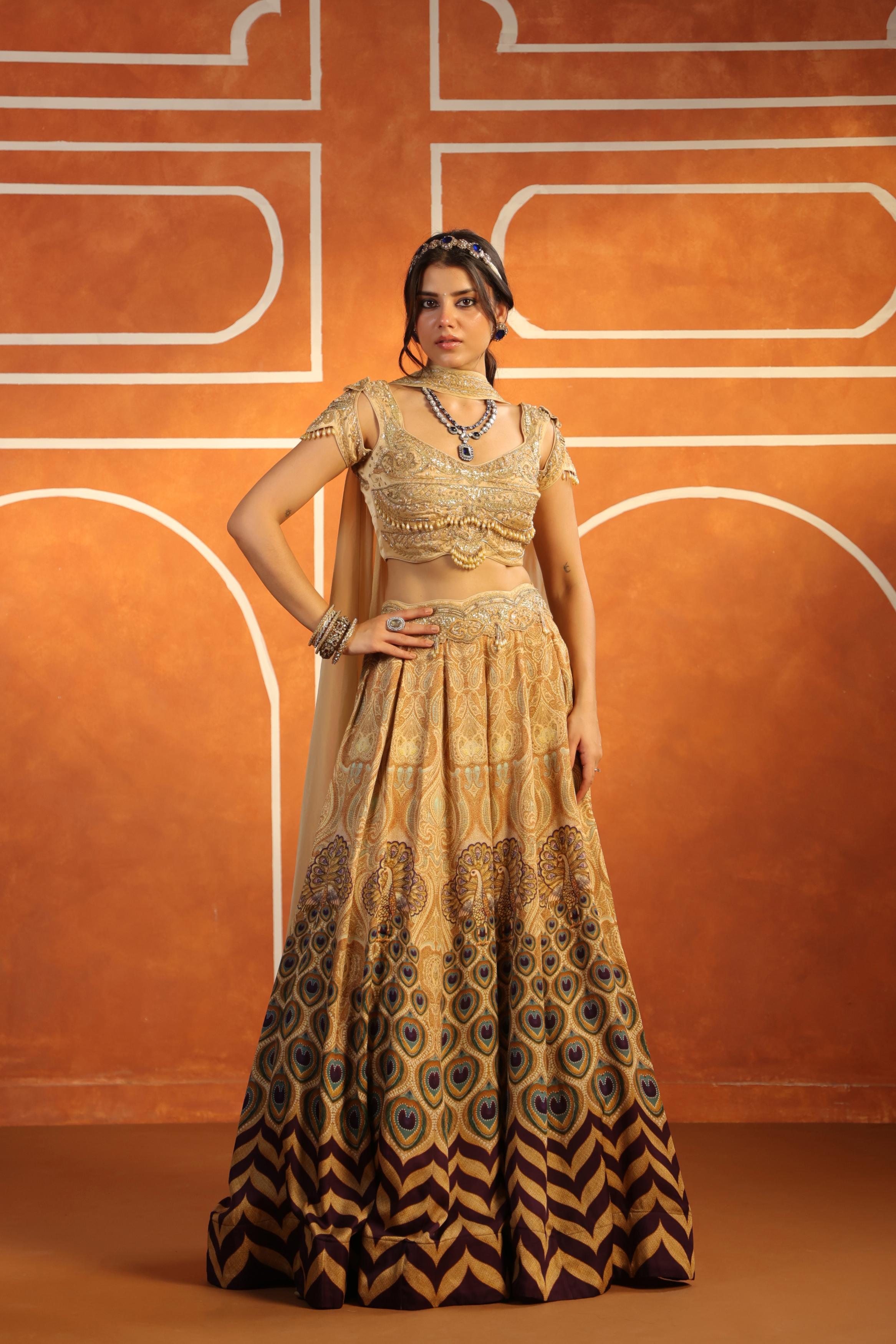 Champagne gold Embroidered Linen Satin Silk Lehenga
