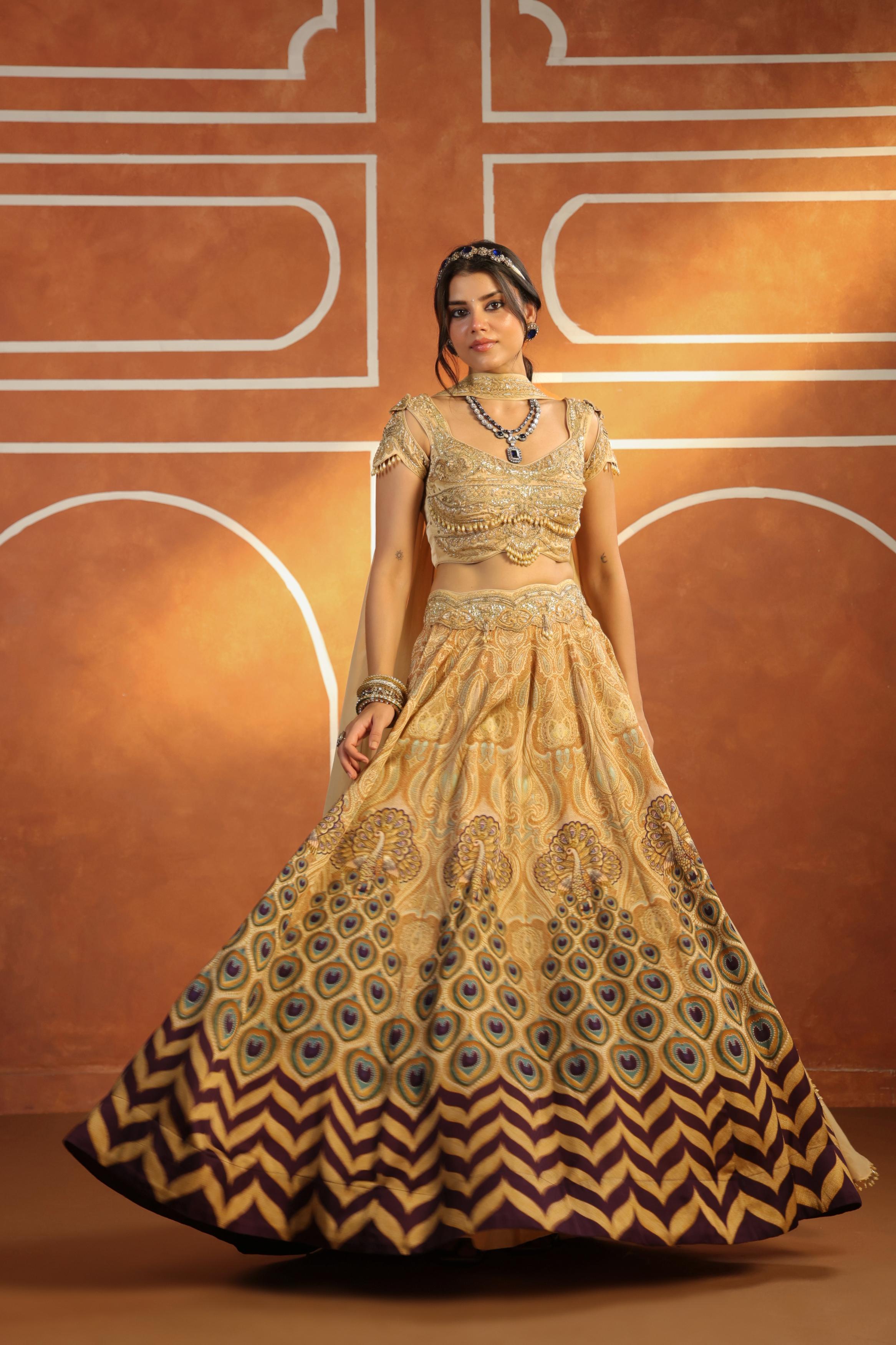 Champagne gold Embroidered Linen Satin Silk Lehenga