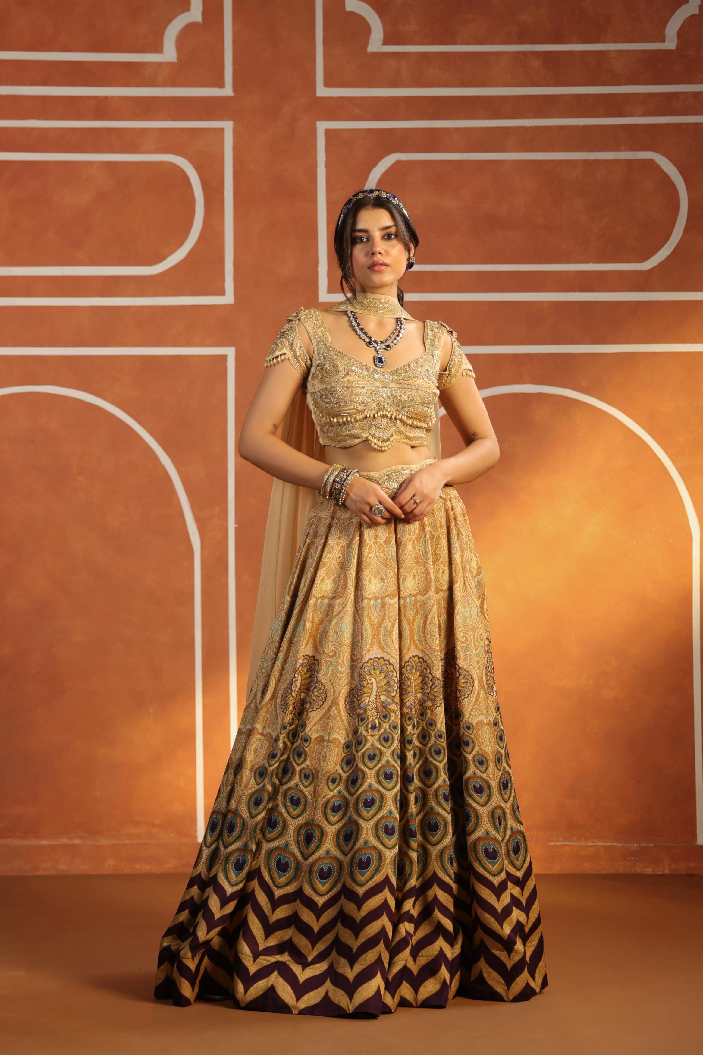 Champagne gold Embroidered Linen Satin Silk Lehenga