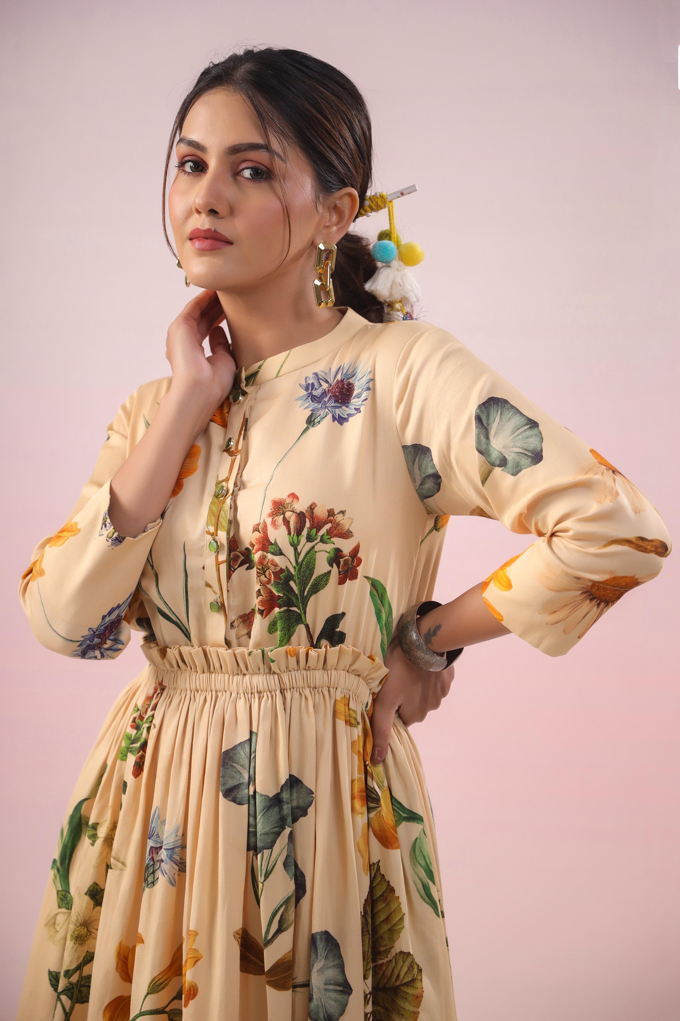 Pale Ivory Floral Printed Malai Cotton Silk Dress