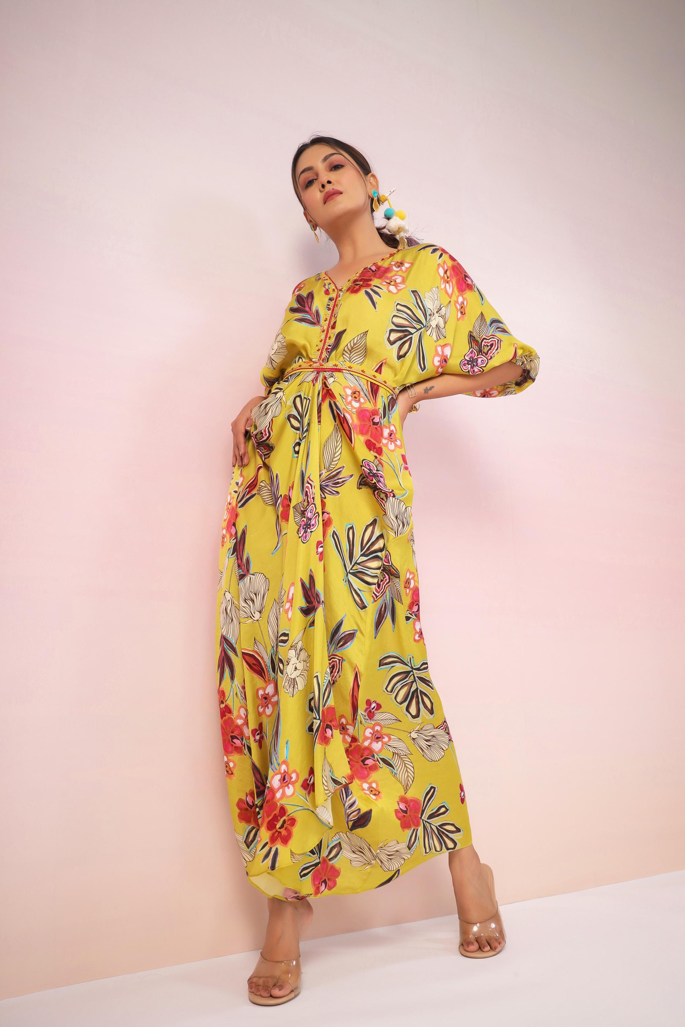 Yellow Floral Printed Bamberg Satin Silk Dhoti Dress