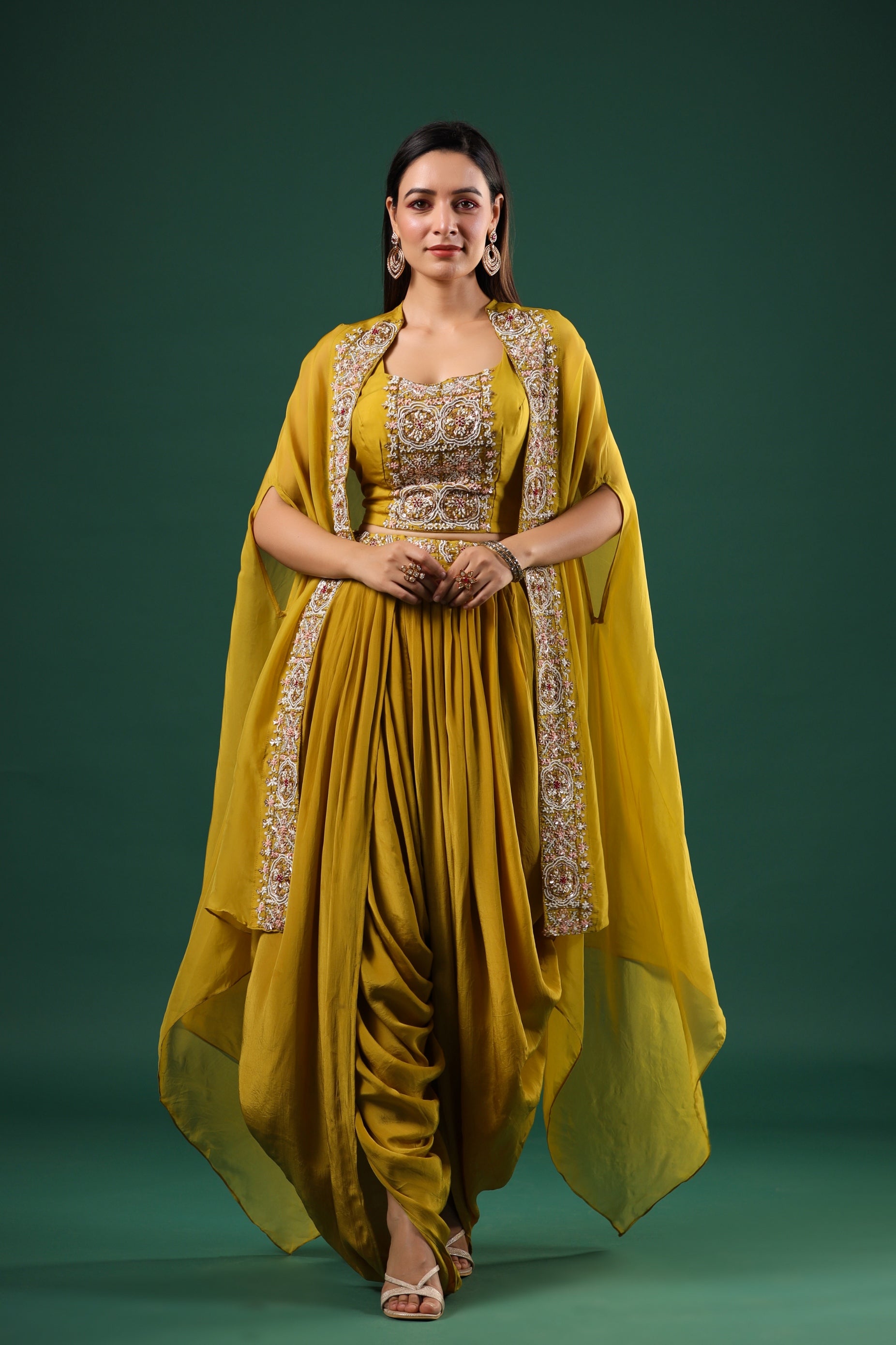 Corn Yellow Embroidered Mulberry Silk Cape Set