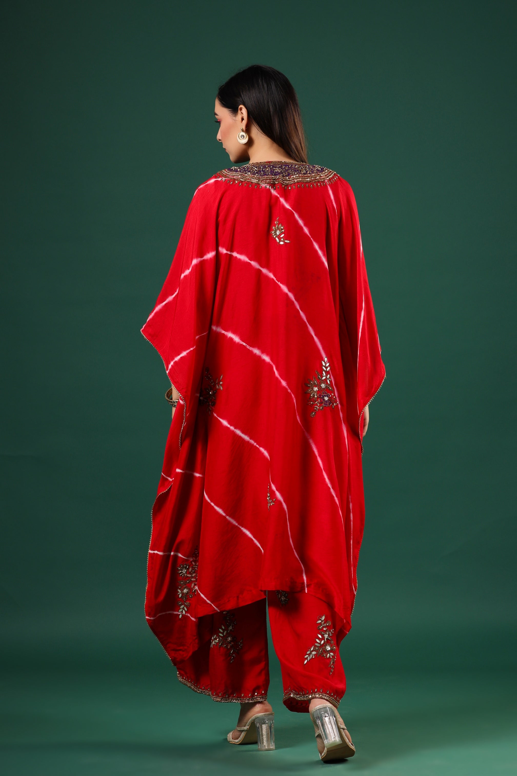 Red Embellished Raw Silk Cape Set