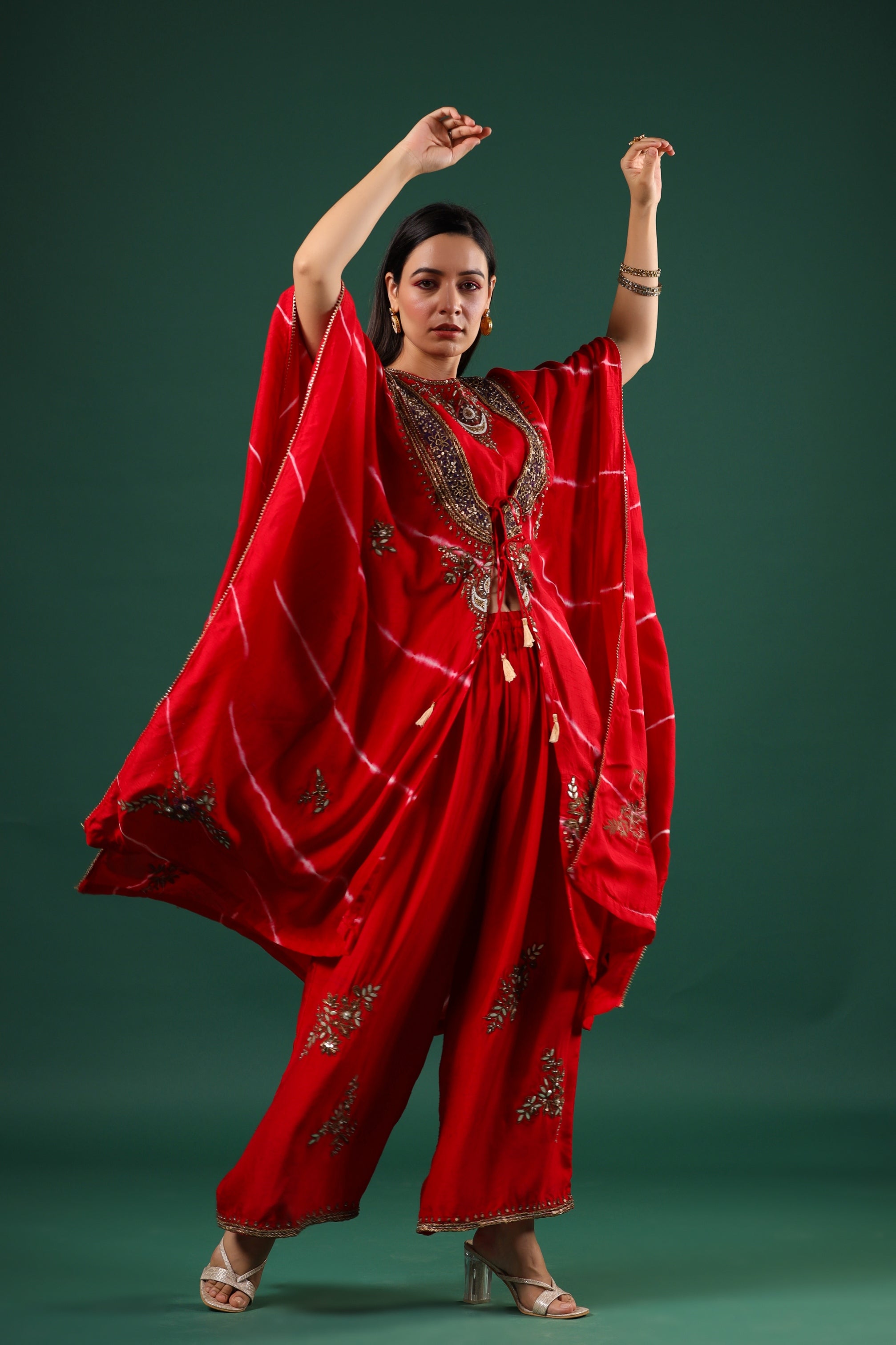 Red Embellished Raw Silk Cape Set