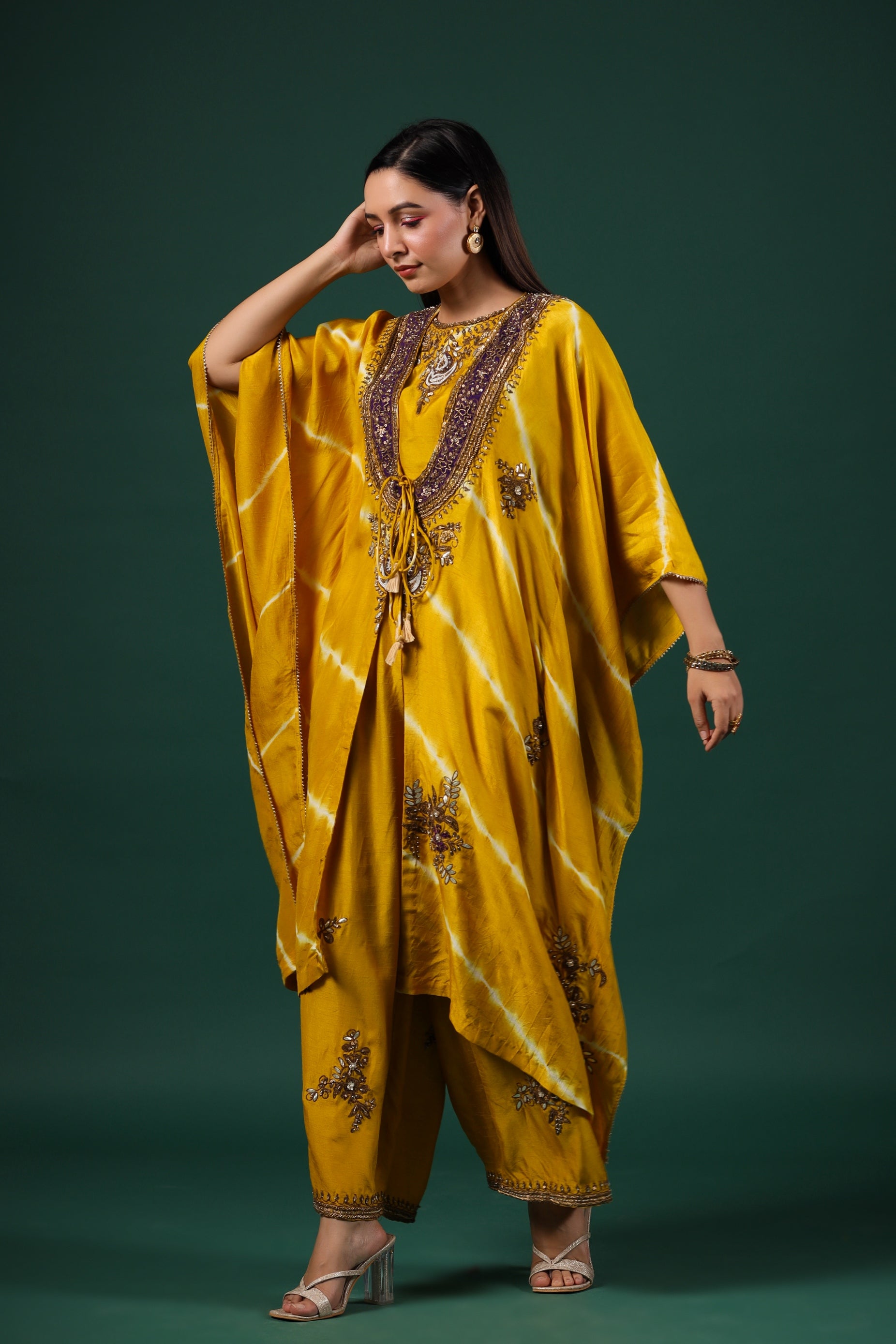 Golden Yellow Embellished Raw Silk Cape Set