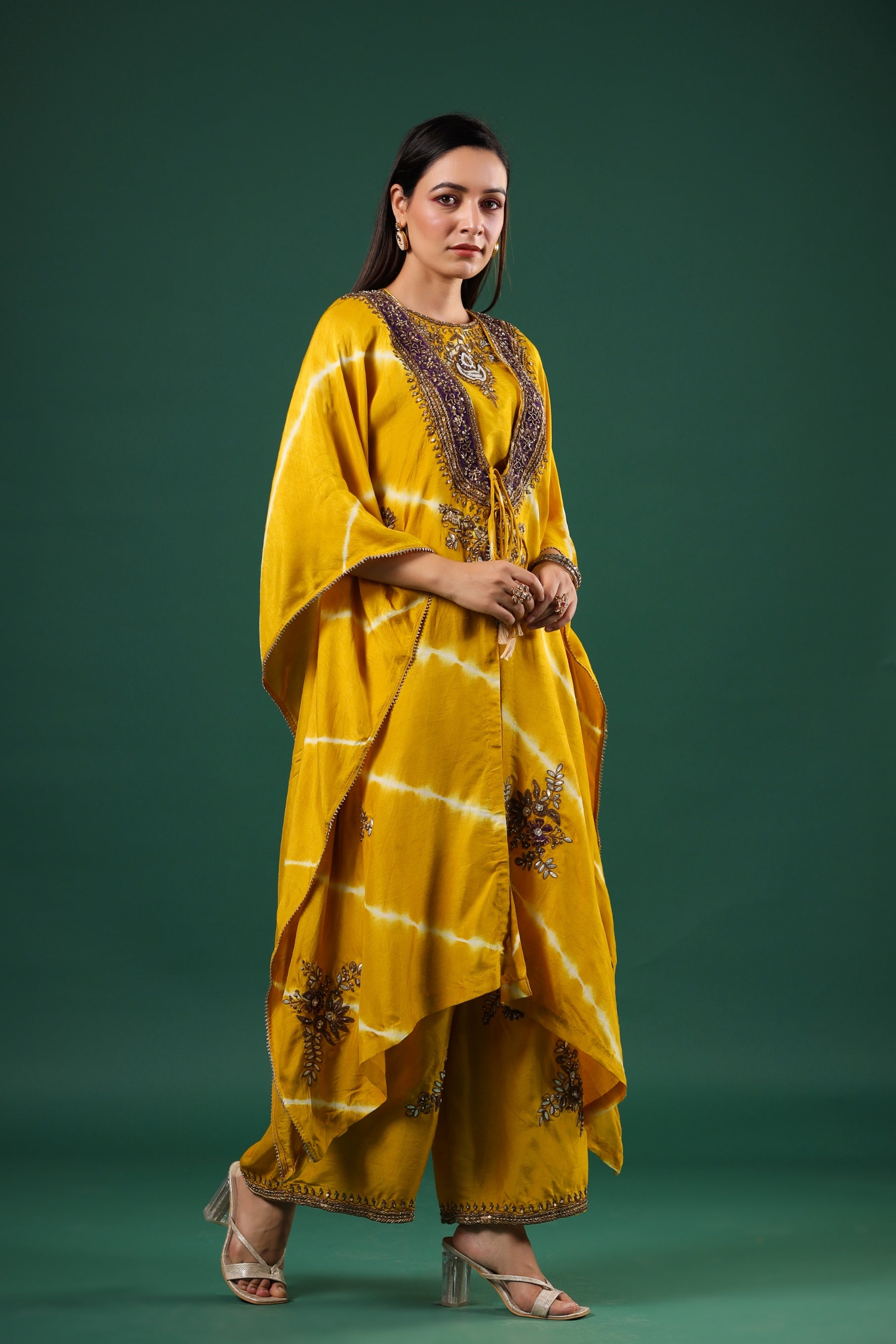 Golden Yellow Embellished Raw Silk Cape Set