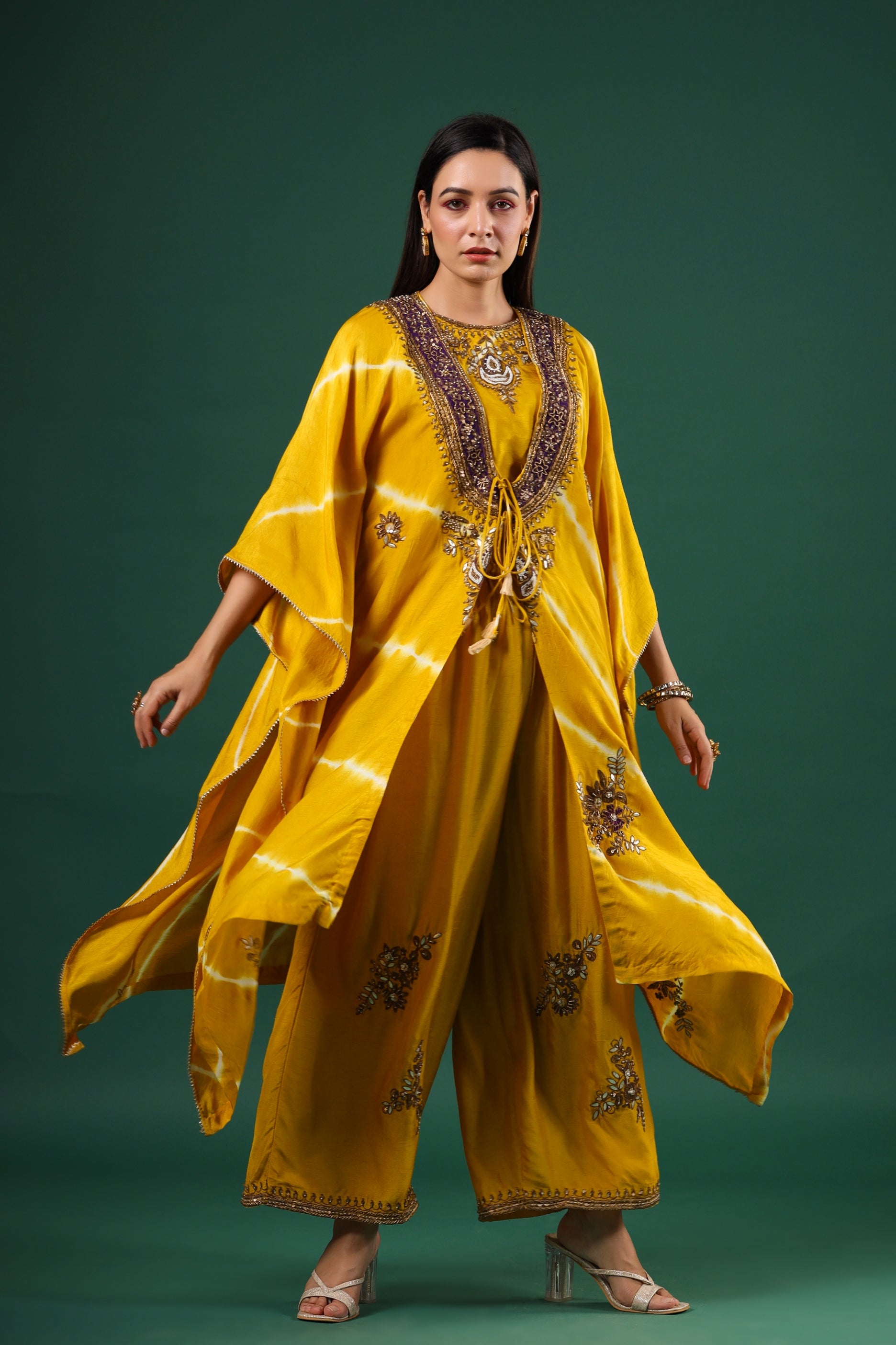 Golden Yellow Embellished Raw Silk Cape Set