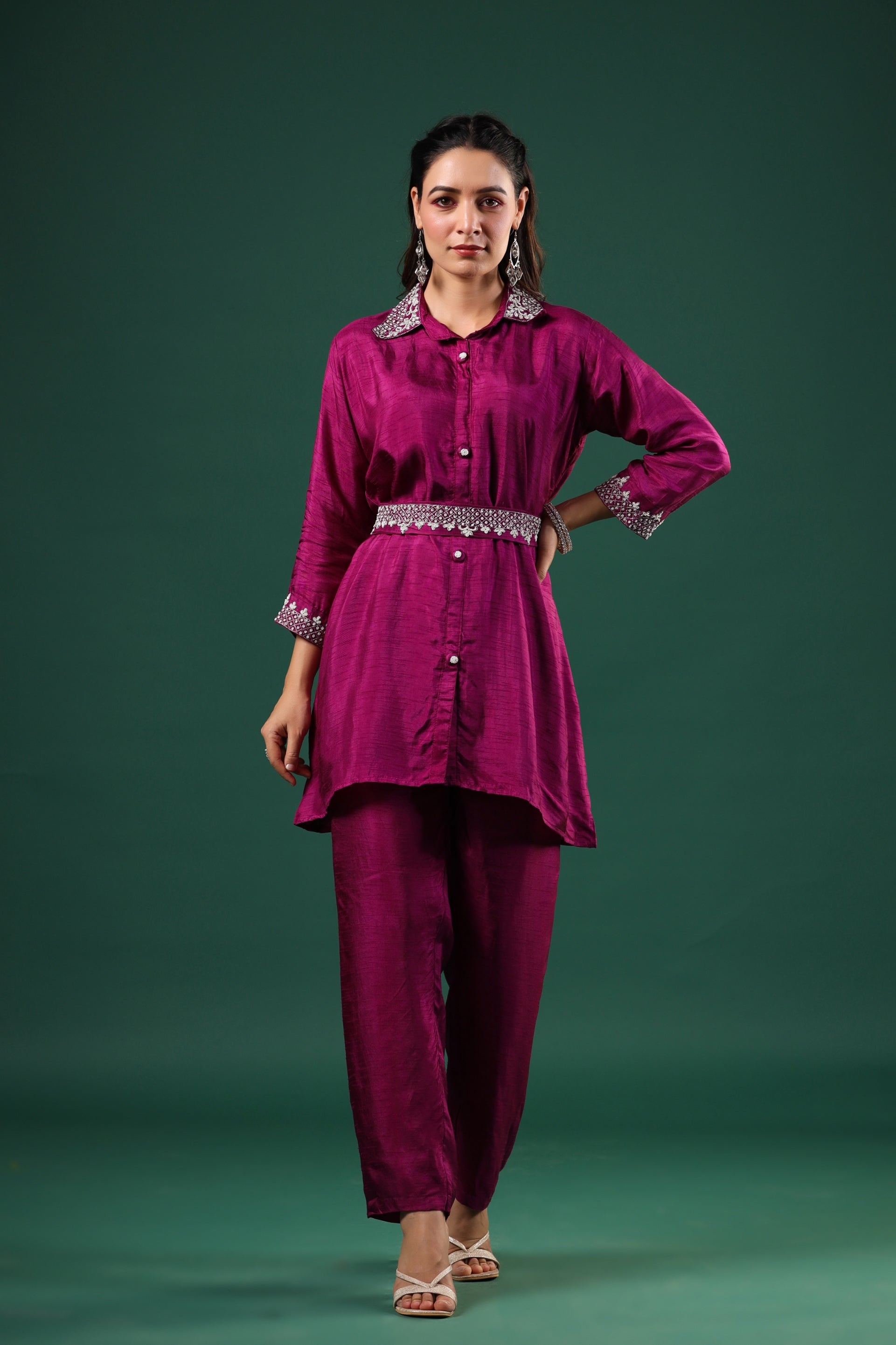 Mulberry Pink Hand Embroidered Dola Silk Co-ord Set