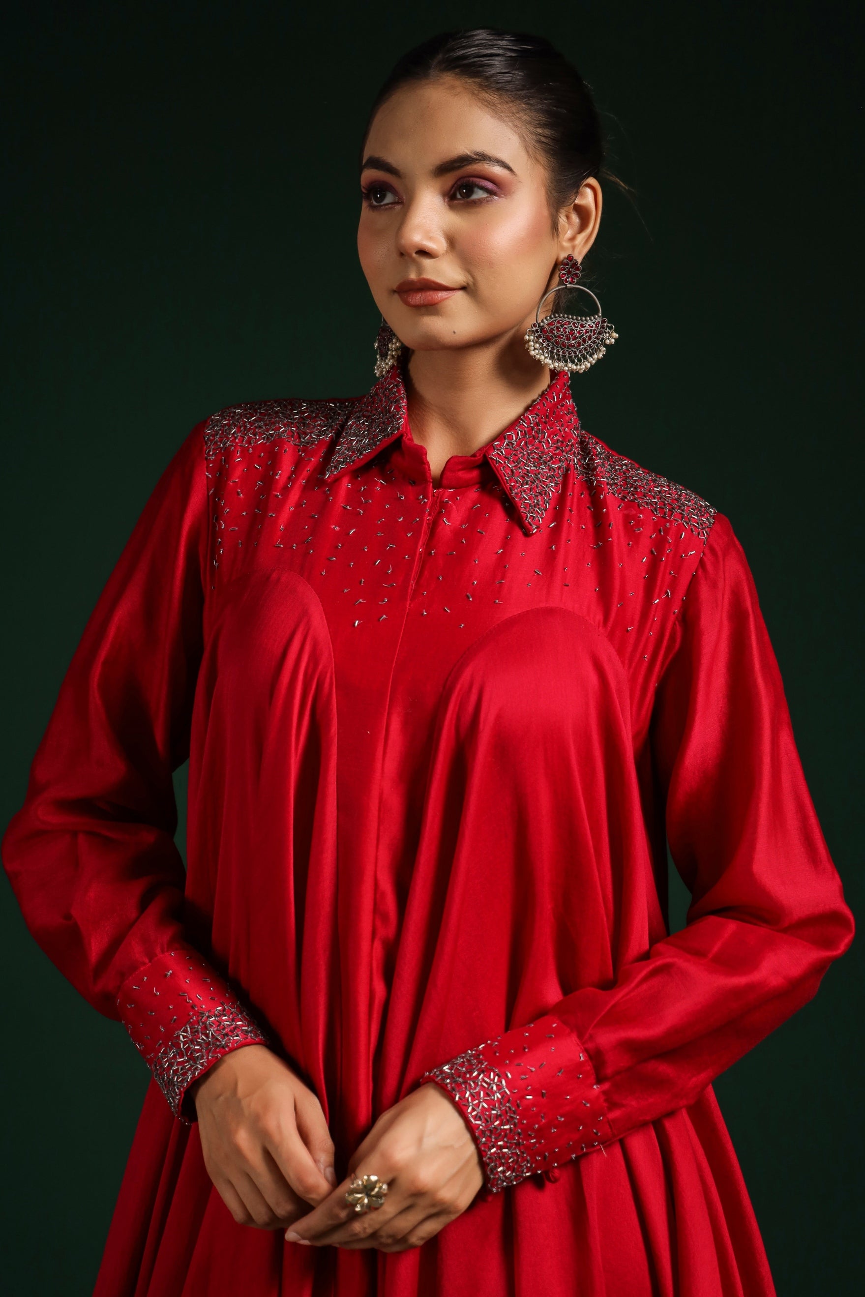 Crimson Red Satin Chanderi Silk Dress