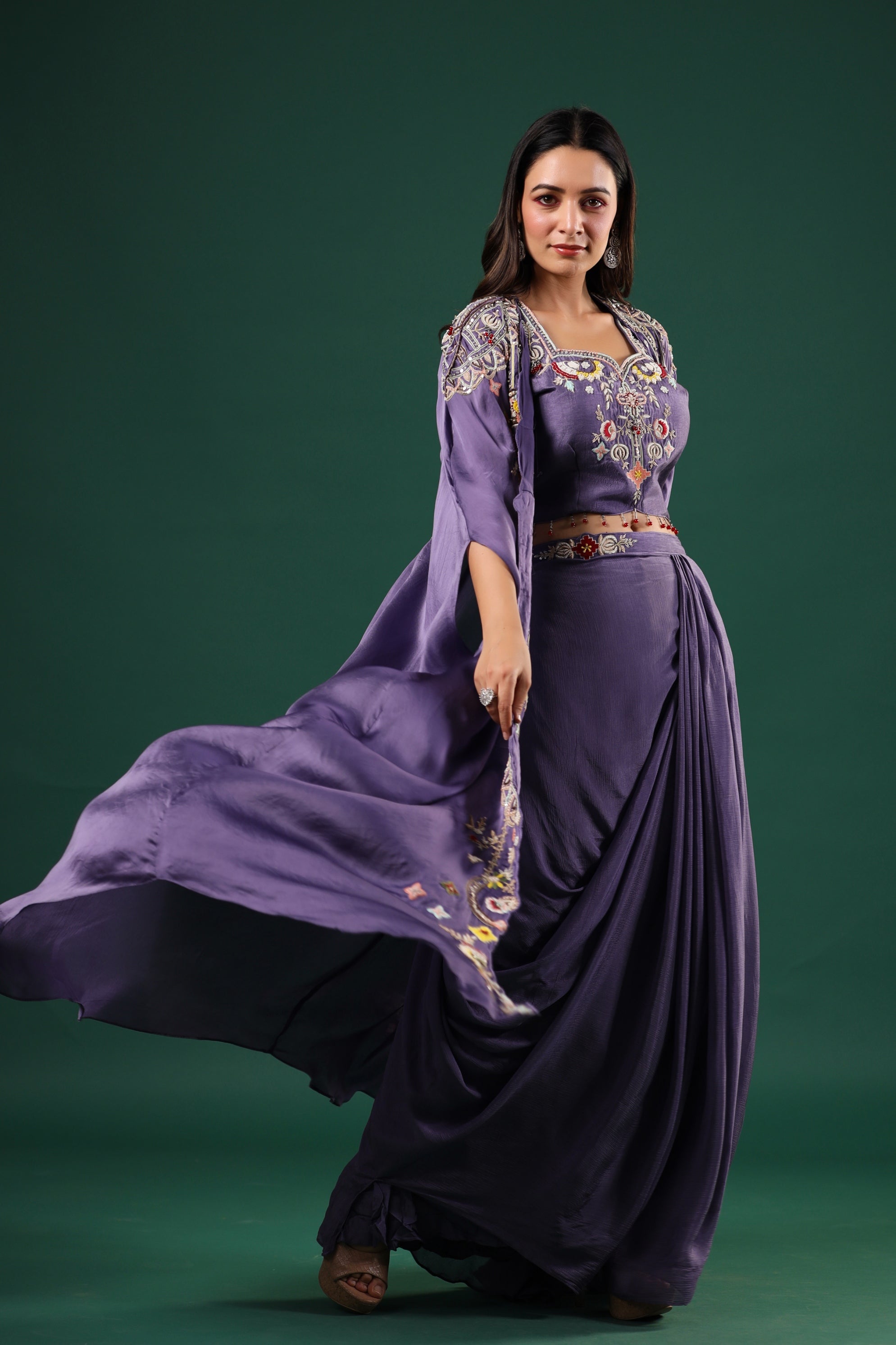 Purple Embellished Chinon Silk Skirt Set