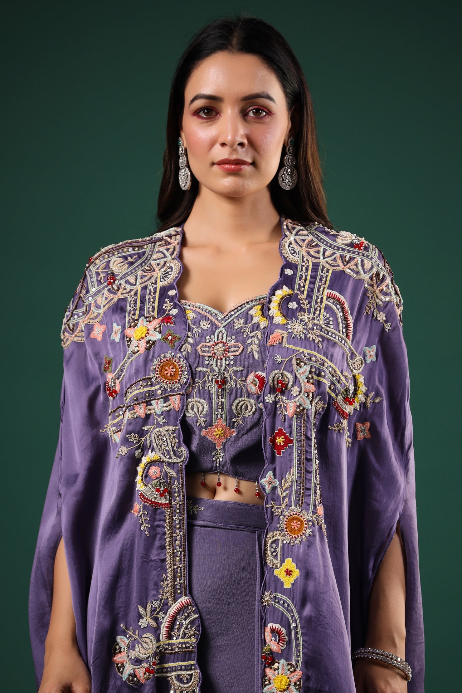 Purple Embellished Chinon Silk Skirt Set
