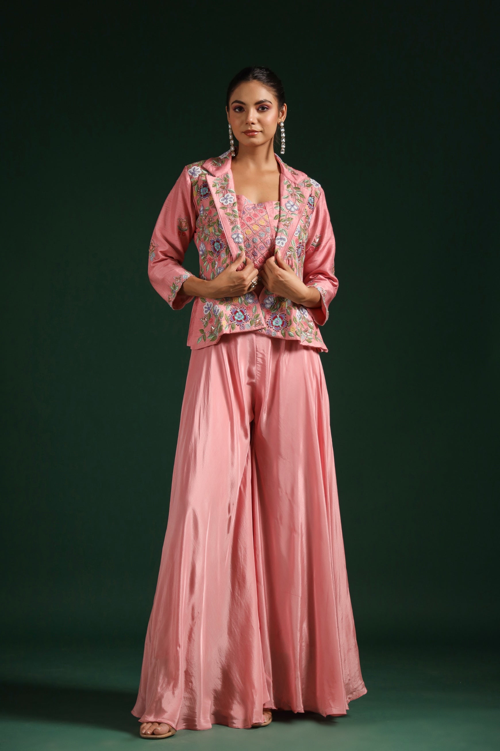 Salmon Pink Embroidered Raw Silk Cape Set