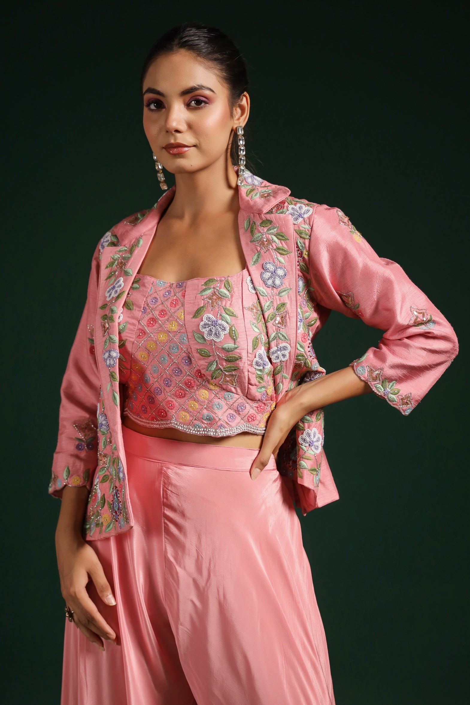 Salmon Pink Embroidered Raw Silk Cape Set