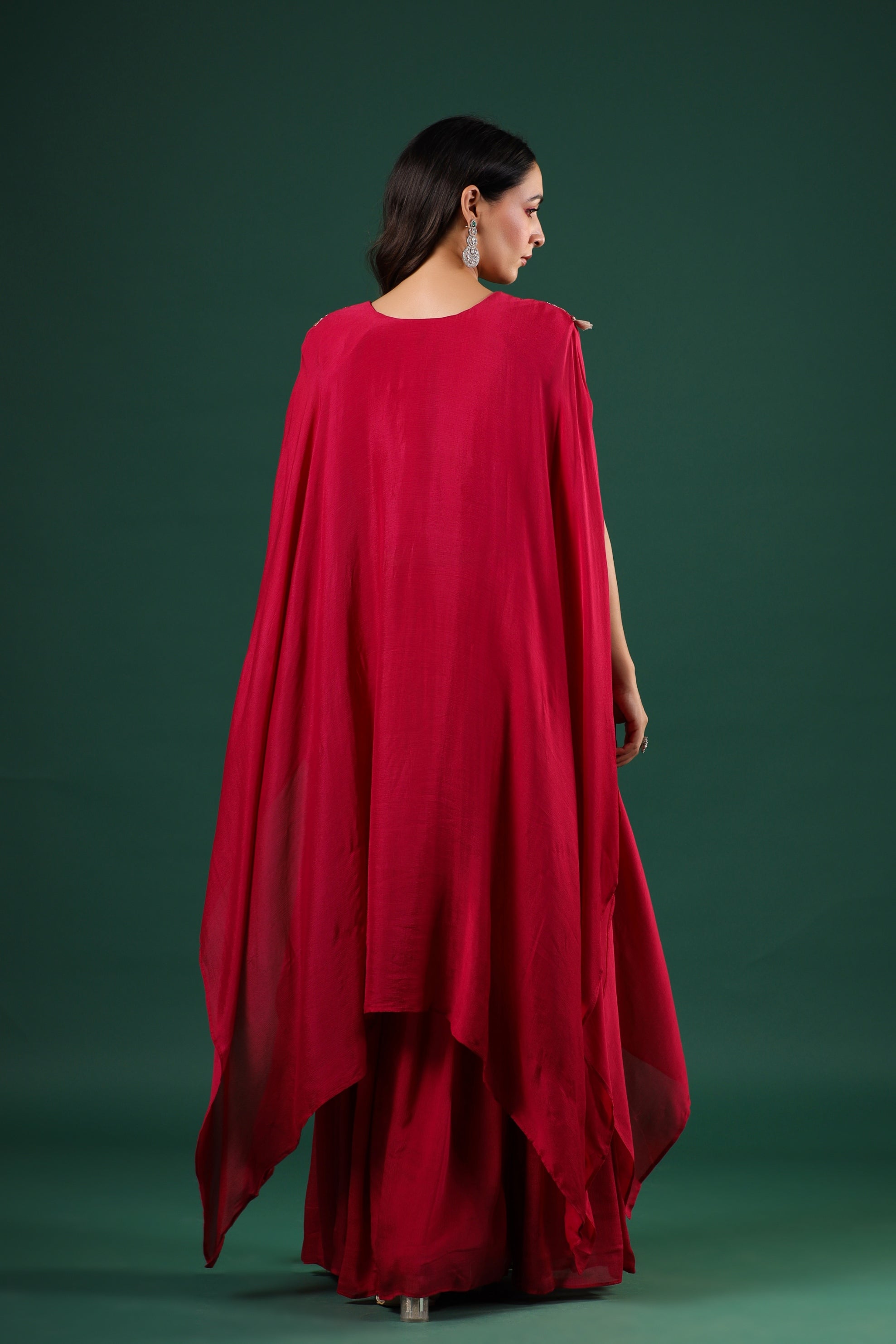 Red Embellished Chinon Silk Skirt Set
