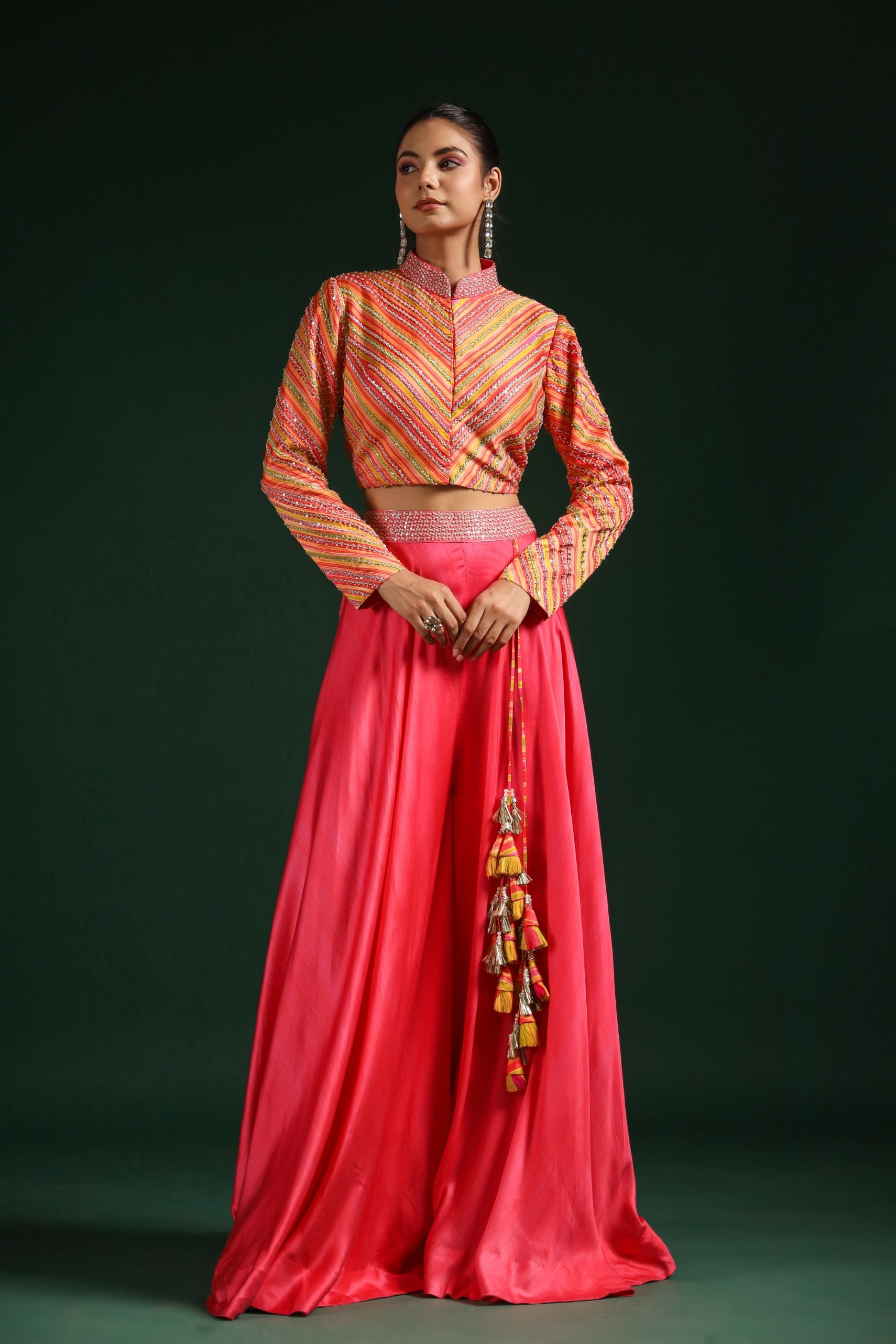 Salmon Pink Embellished Premium Silk Palazzo Set With Shrug