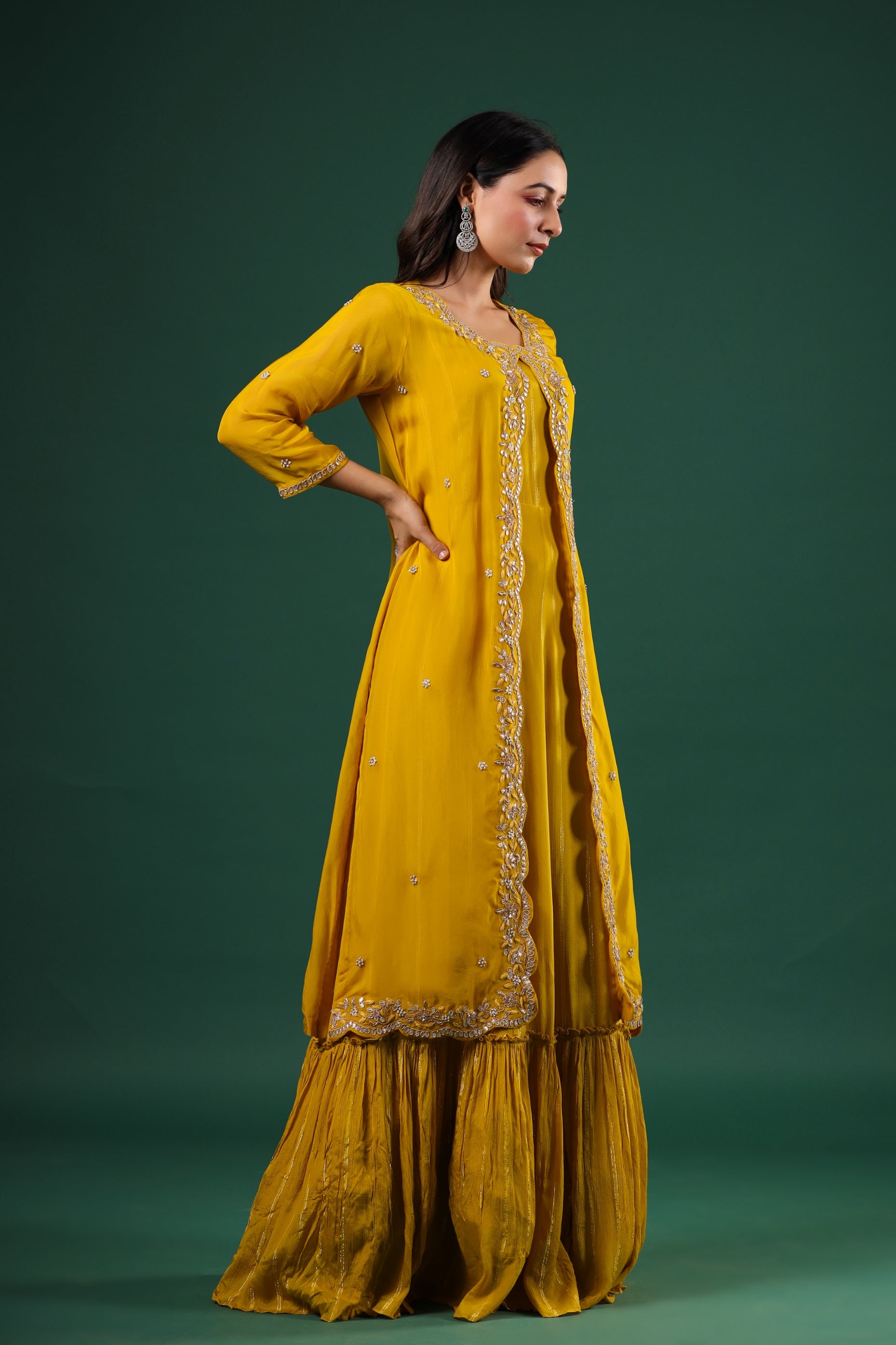 Golden Yellow Embellished Premium Silk Cape Gown