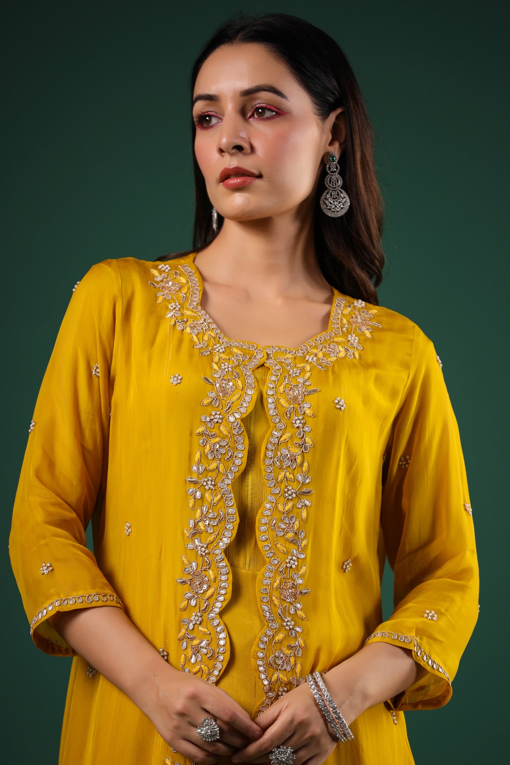 Golden Yellow Embellished Premium Silk Cape Gown