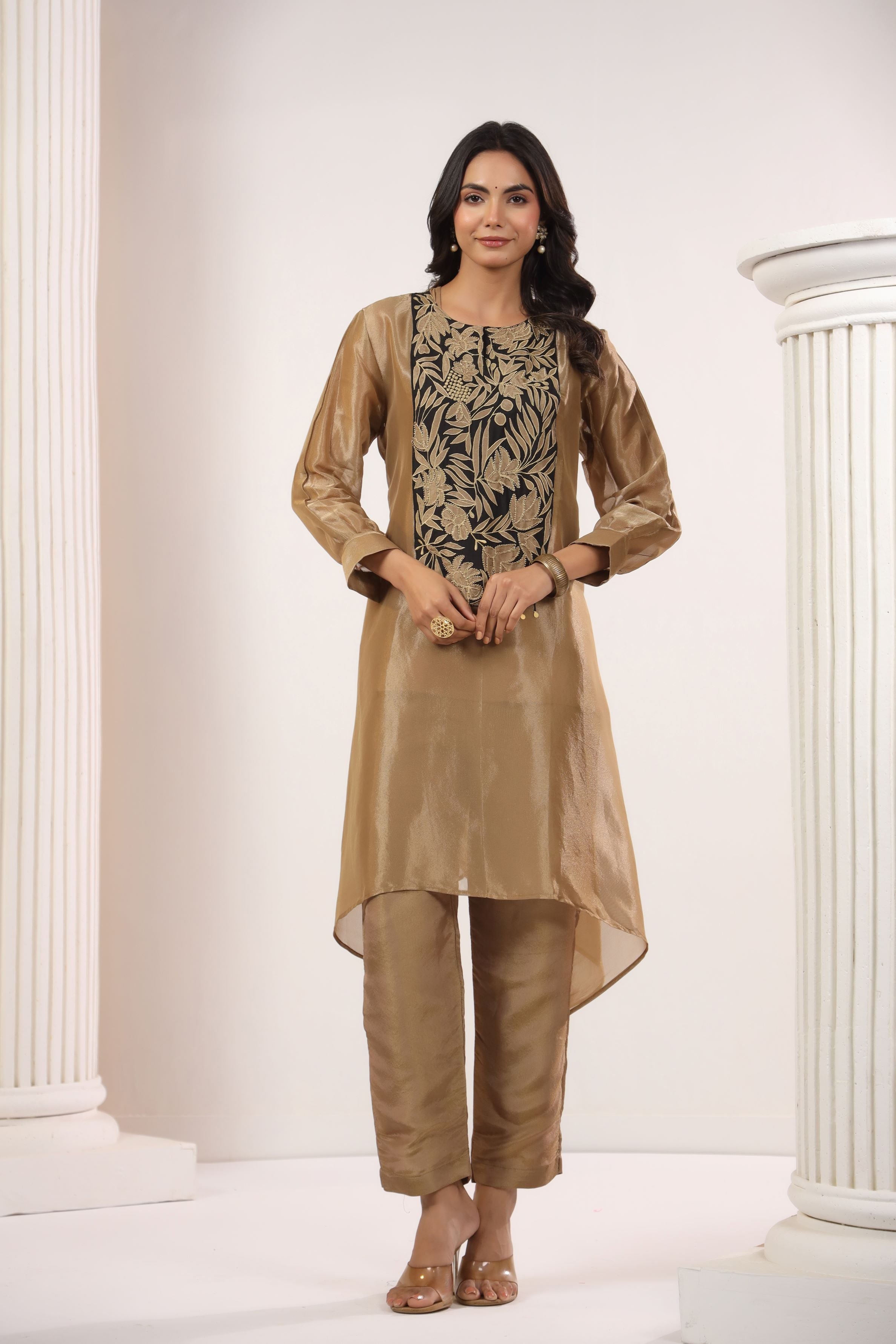 Shimmer Bronze Tissue Silk Pants Set