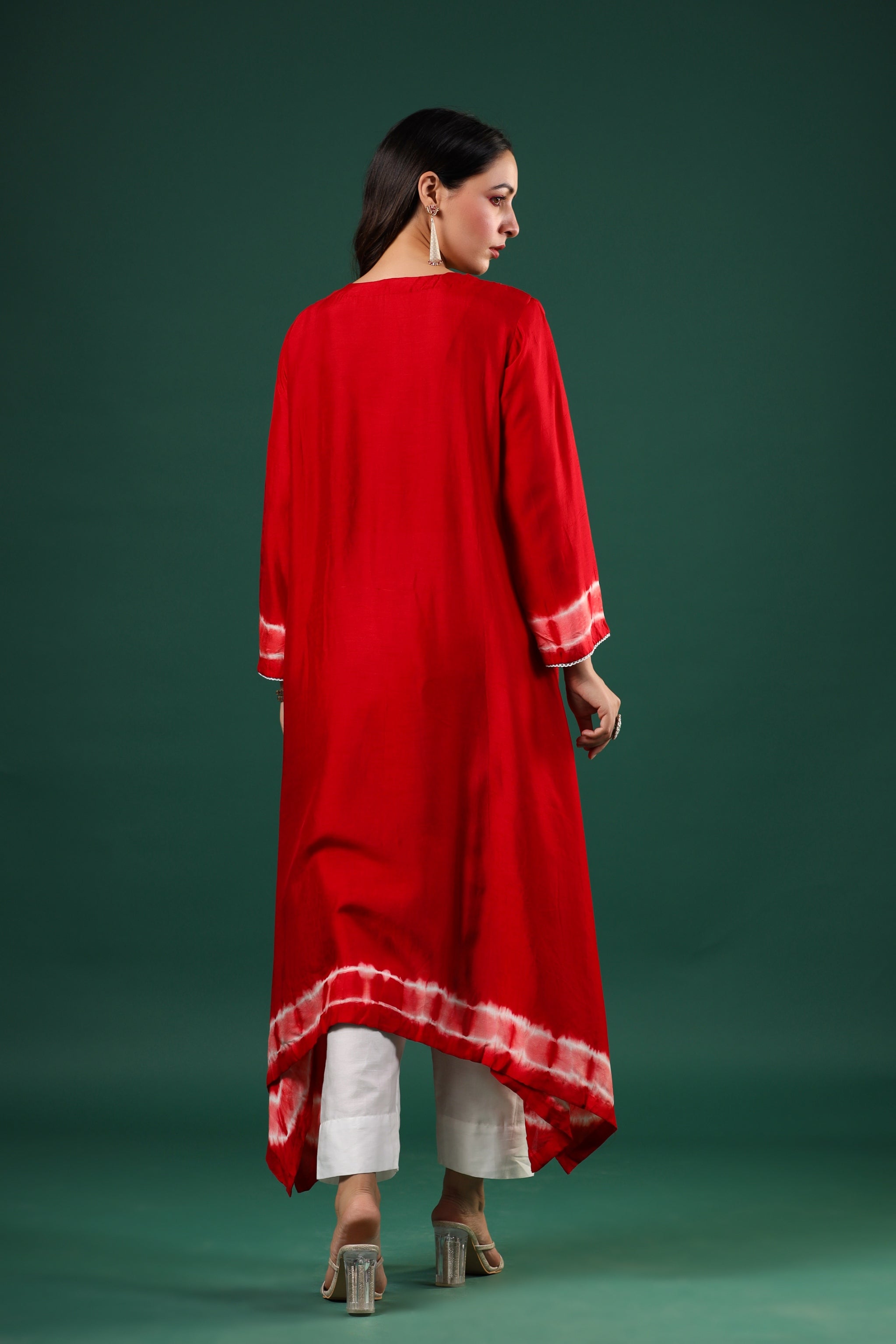 Red Embellished Dola Silk Pants Set