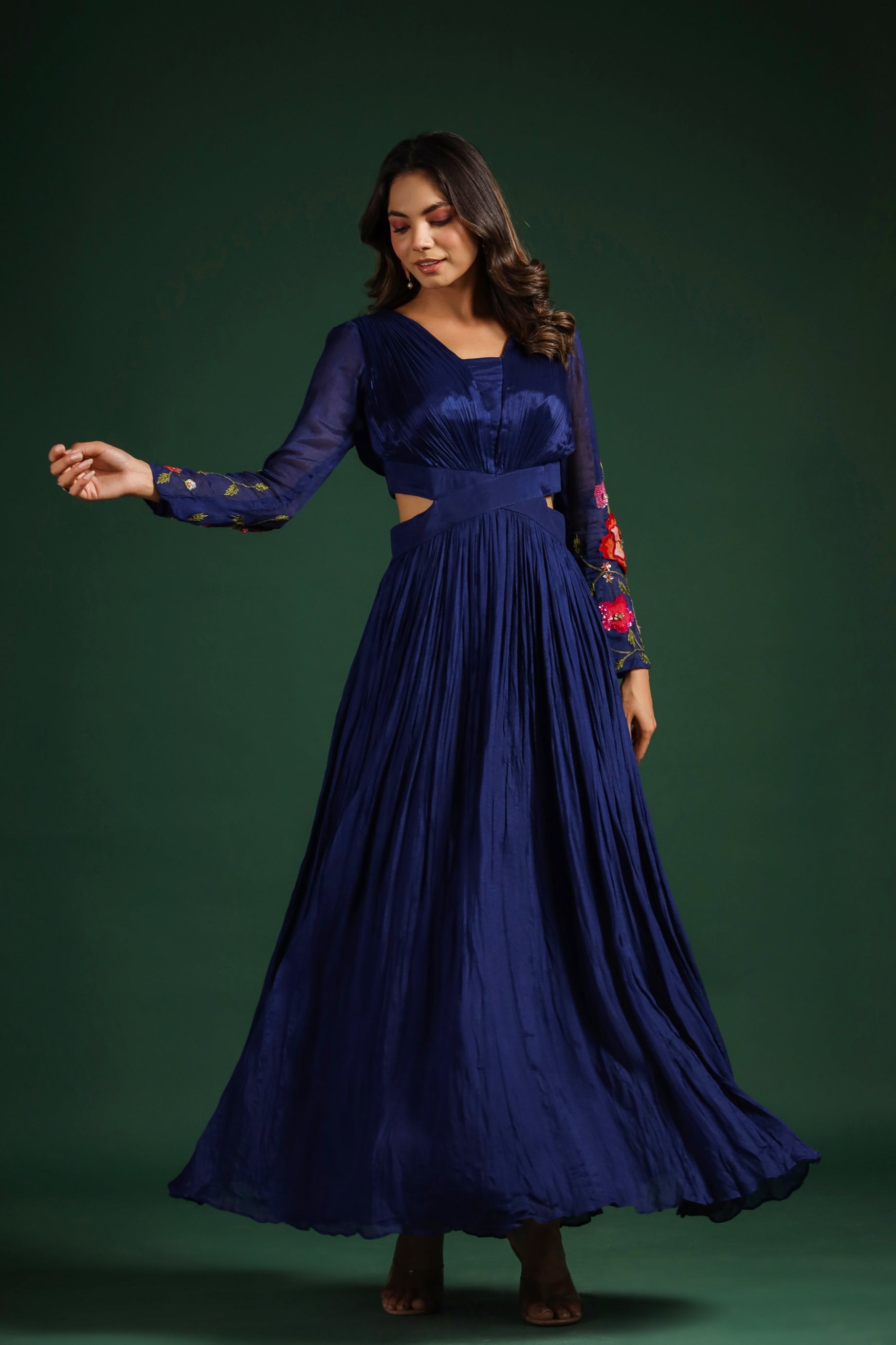 Bright Blue Embroidered Draped Gown
