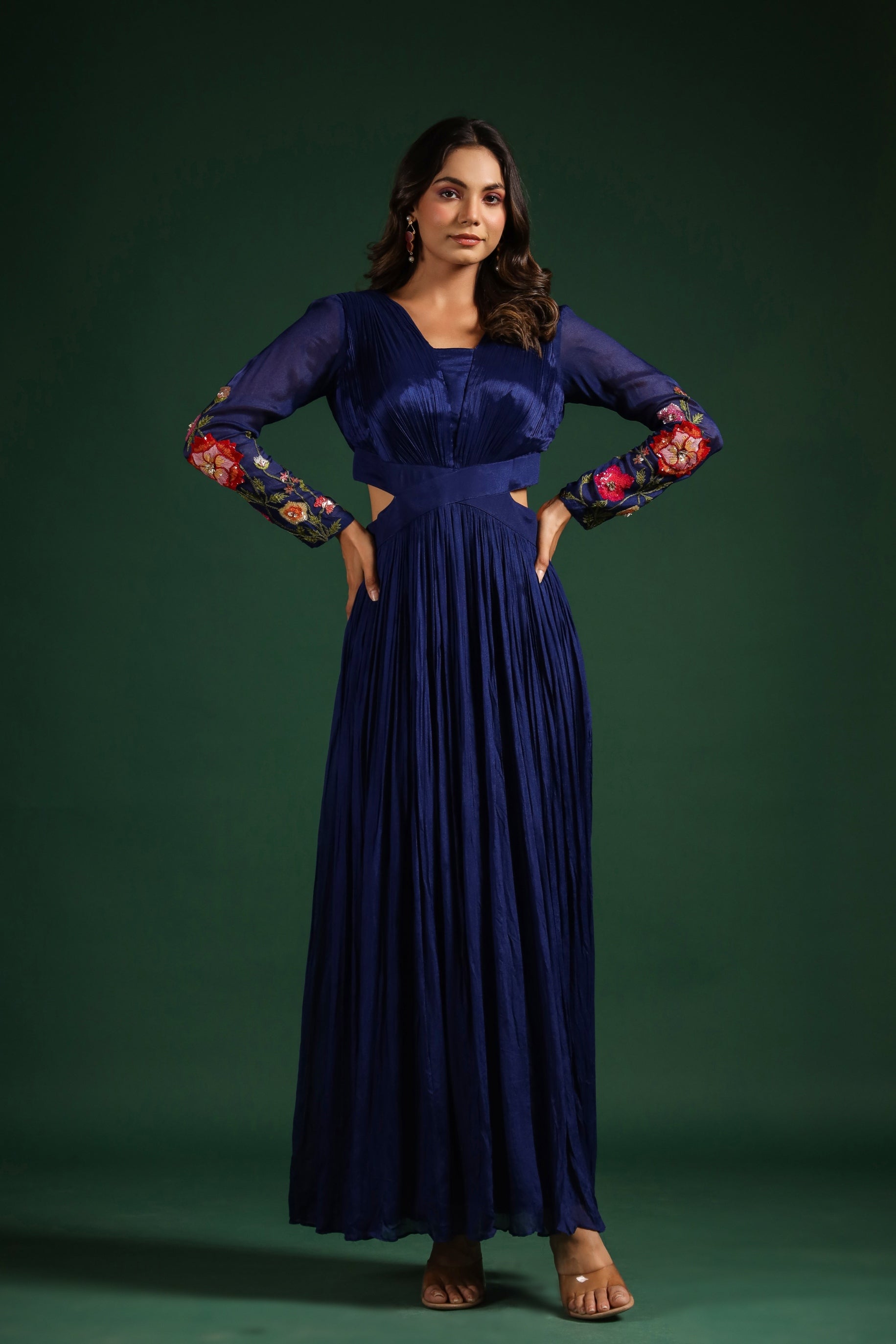 Bright Blue Embroidered Draped Gown
