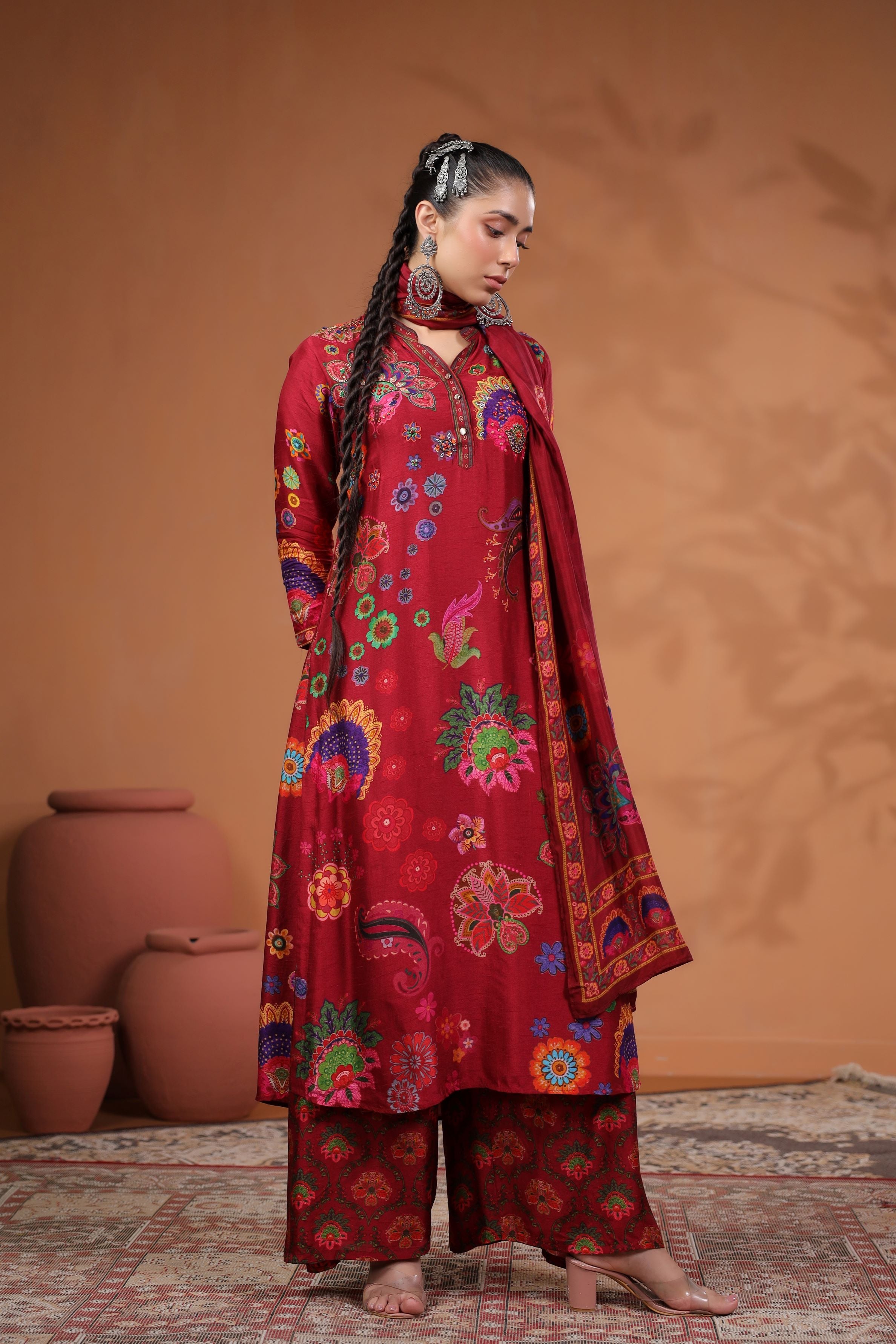 Scarlet Red Traditional Printed Kurta Set