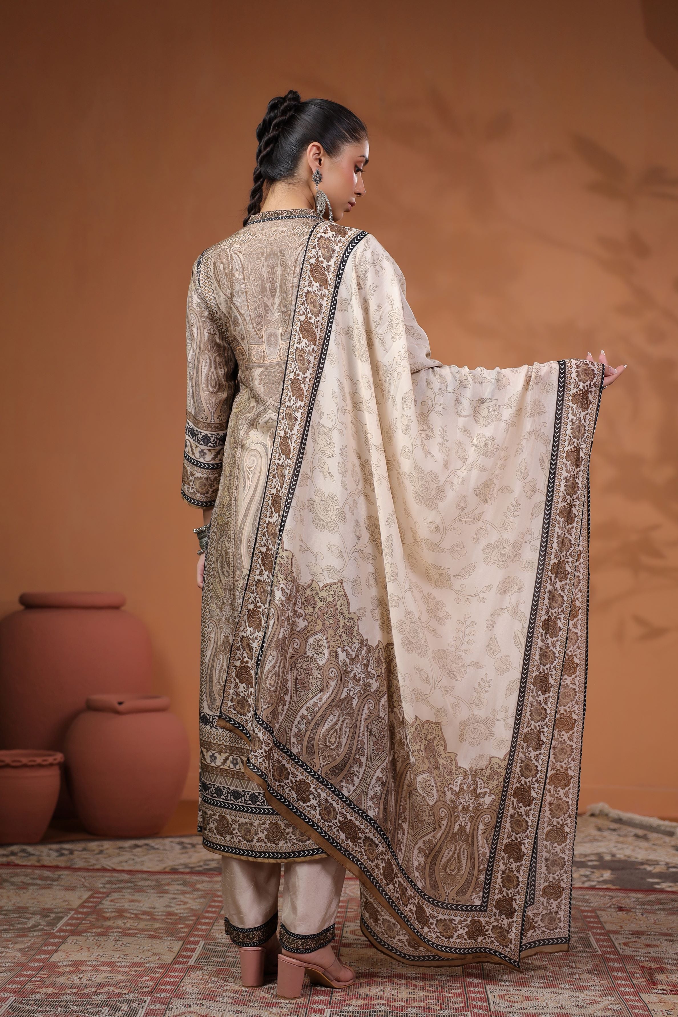 Dark Beige Traditional Printed Tussar Silk Pants Set